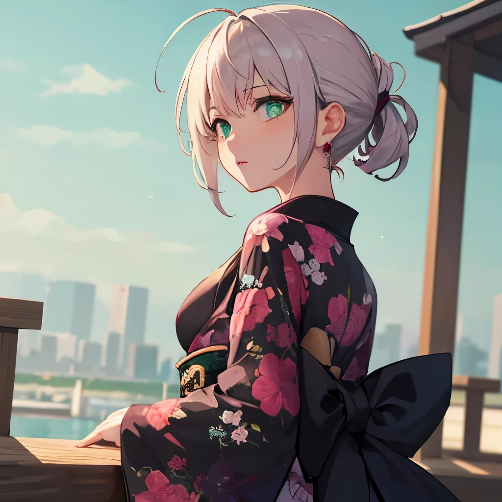 shrine, [pink hair:silver hair:0.4], short hair, low ponytail, ahoge, Tied Hair, break, floral printed black kimono, break, small breasts, Green Aqua Eyes, break, Earrings, UHD, masterpiece, textured skin, high details, alone, Cowboy Shot, looking back