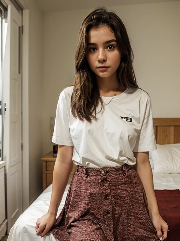Tied with red rope Teenage girl brunette smooth face 15 years old in skirt in room (make IT spice)