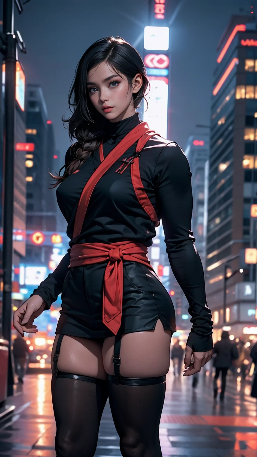 ((最high quality, 8K, masterpiece: 1.3, Ultra HD, high quality, 最high quality, High resolution, realism)) 、(High saturation:1.0), (Highly detailed skin), (最high quality:1.0), (超High resolution:1.0) ,(Realistic:1.0), (Very detailed:1.0), (8K, Raw photo:1.1), slender、Female ninja((Female Ninja))、Wearing black body stockings、wear ninja costumes、Being on the roof of a skyscraper at night、覆面do、Erect nipples((elect))do