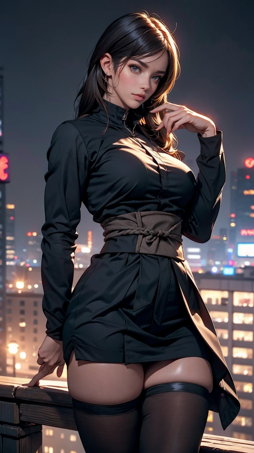 ((最high quality, 8K, masterpiece: 1.3, Ultra HD, high quality, 最high quality, High resolution, realism)) 、(High saturation:1.0), (Highly detailed skin), (最high quality:1.0), (超High resolution:1.0) ,(Realistic:1.0), (Very detailed:1.0), (8K, Raw photo:1.1), slender、Female ninja((Female Ninja))、Wearing black body stockings、wear ninja costumes、Being on the roof of a skyscraper at night、覆面do、Erect nipples((elect))do