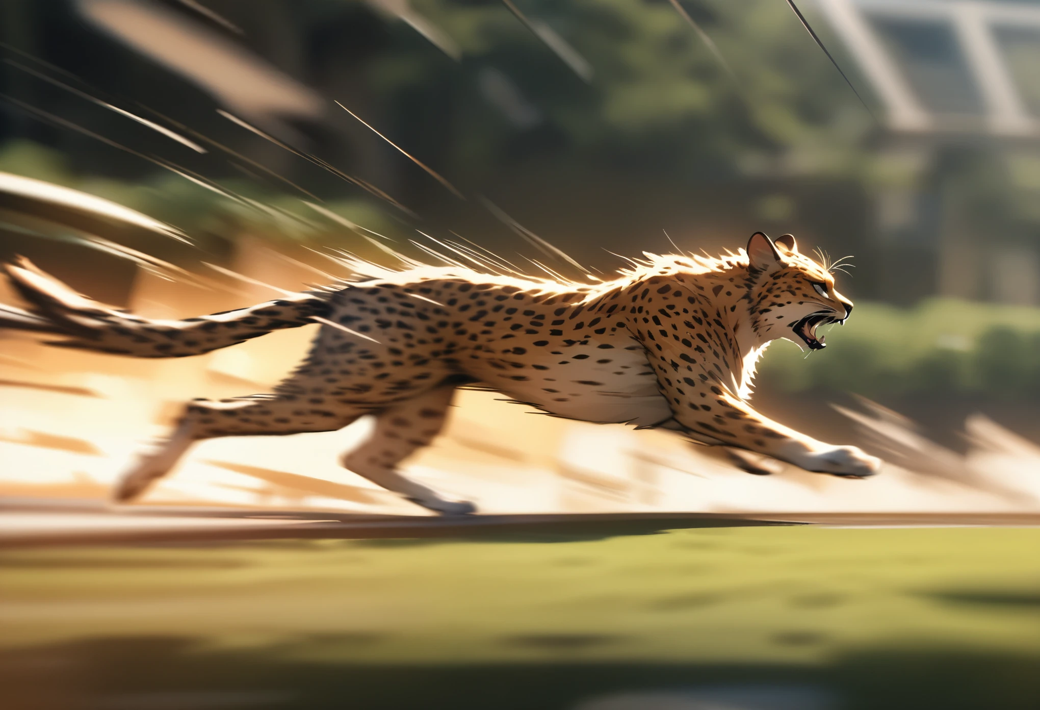 side view，Running cheetah，Motion blurred，Motion Blur，Dynamic lines，Enhanced depth of field，8k，Super Fine，masterpiece，high quality