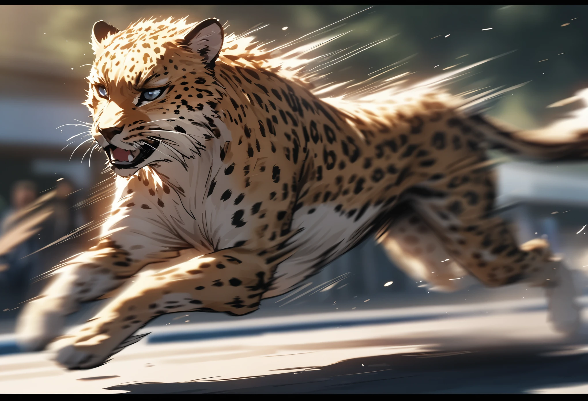 side view,Running cheetah,Motion blurred,Motion Blur,Dynamic lines,Enhanced depth of field,8k,Super Fine,masterpiece,high quality