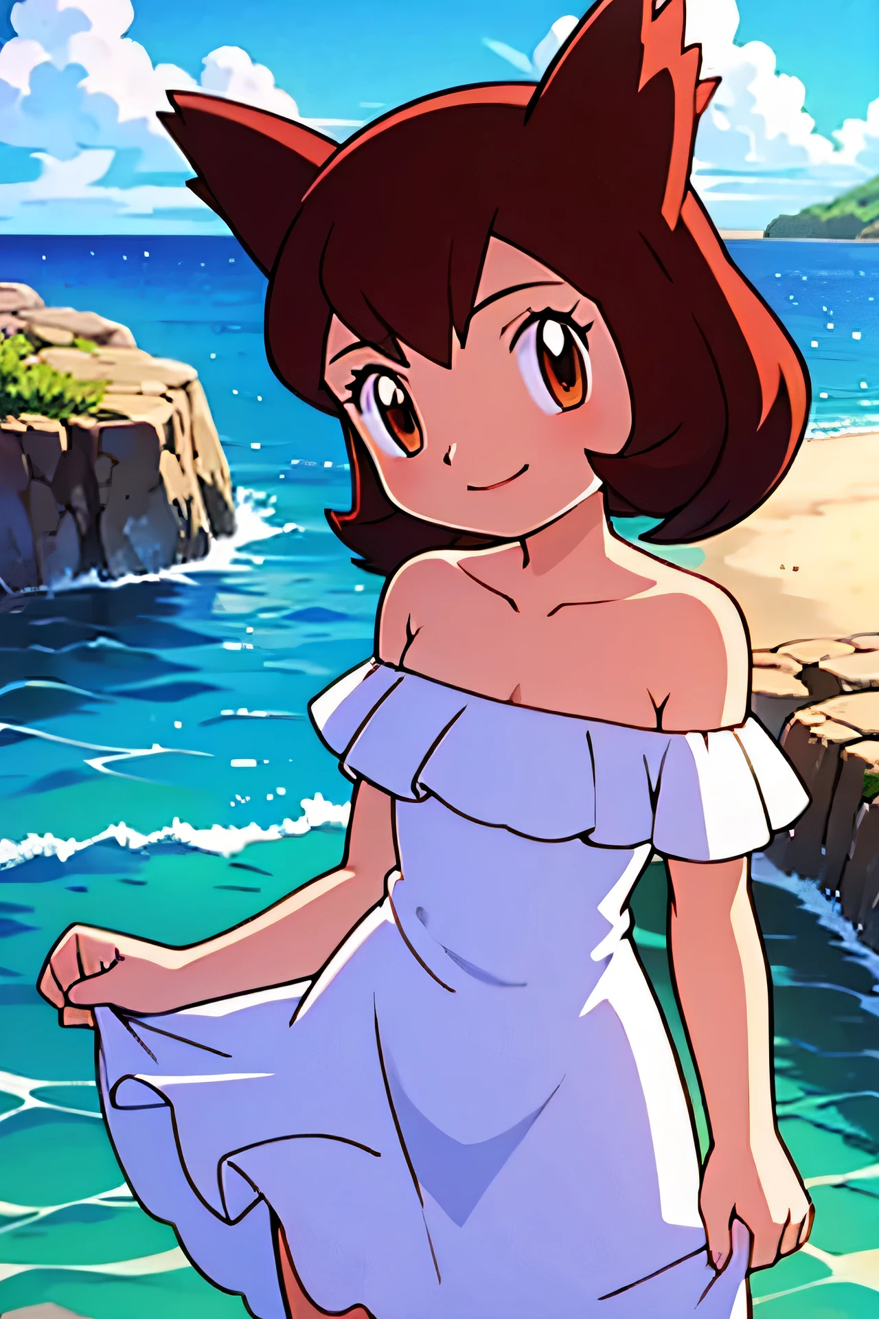 1 girl, solo, Pokemon Heroes (Bianca), Brown Hair, brown eyes, bare shoulders, strapless, off shoulders, white ruffle off the shoulder maxi dress, smile, ocean, cliff, cowboy shot, facing viewer,, absurdres, ultra detailed, masterpiece, best quality, Teenager