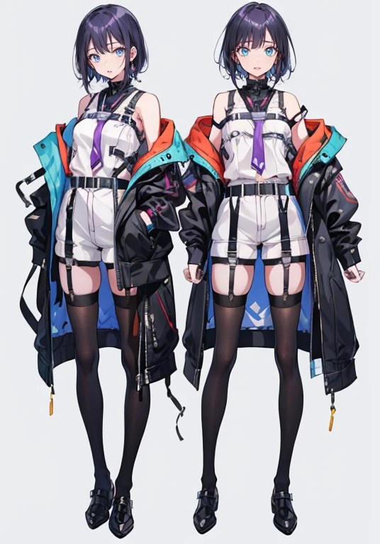 Girl with purple hair,medium bob hair,Harness,garter belt,pants,Heel,pumps,simple background,smile,whole body,full body,standing position,Standing picture,VTuber,front,How to look at the viewer,視線をfrontに,