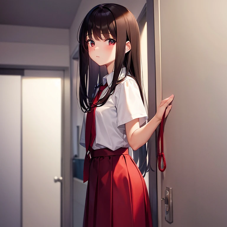 Tied with red rope Teenage girl brunette in skirt in br room
