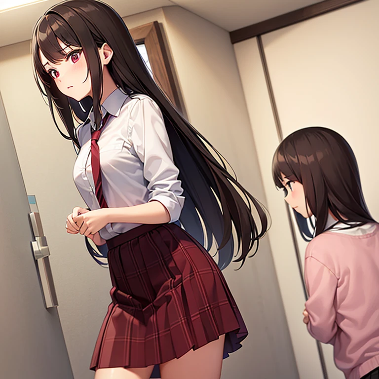 Tied with red rope Teenage girl brunette in skirt in br room