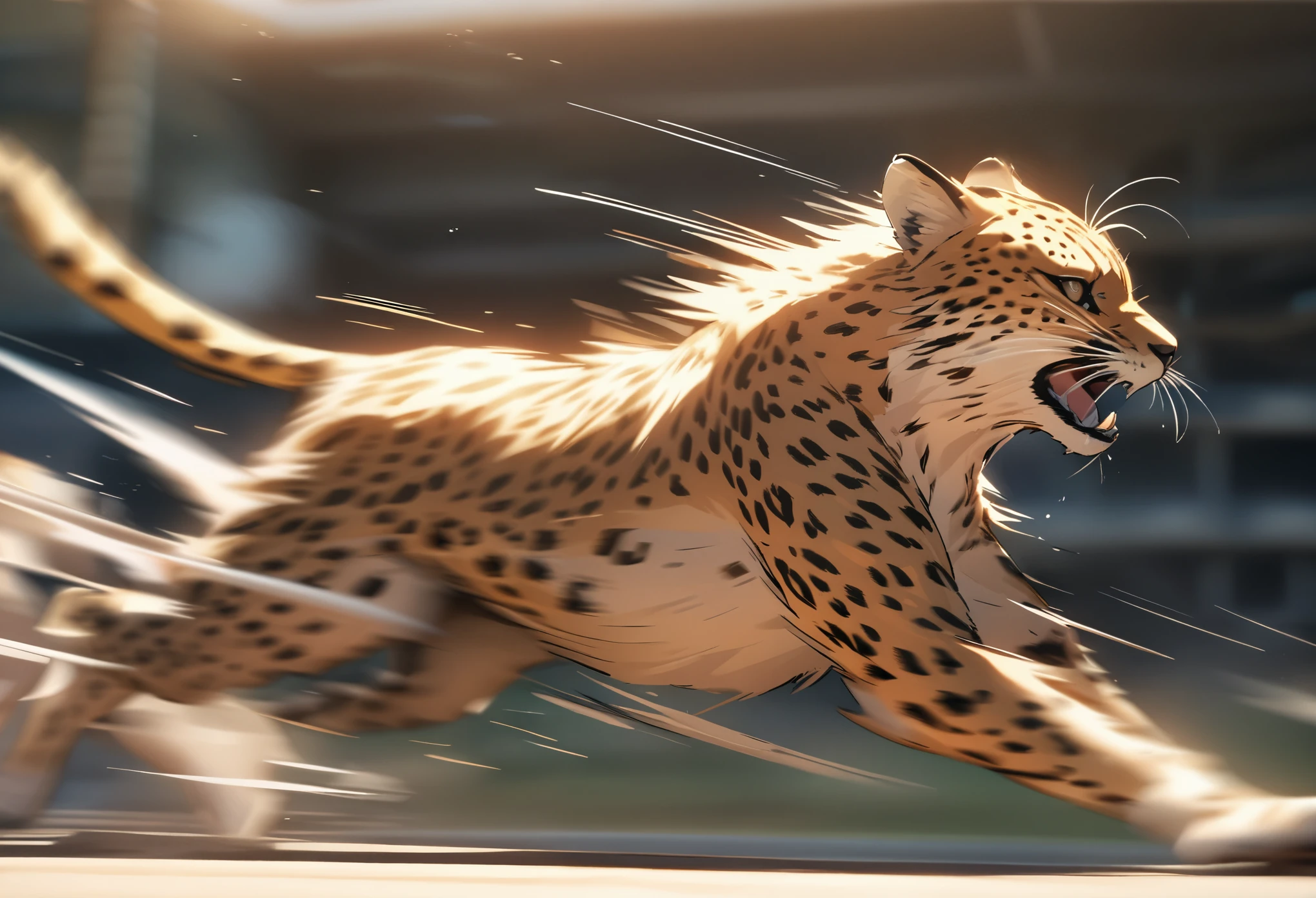 side view，Running cheetah，Motion blurred，Motion Blur，Dynamic lines，Enhanced depth of field，8k，Super Fine，masterpiece，high quality