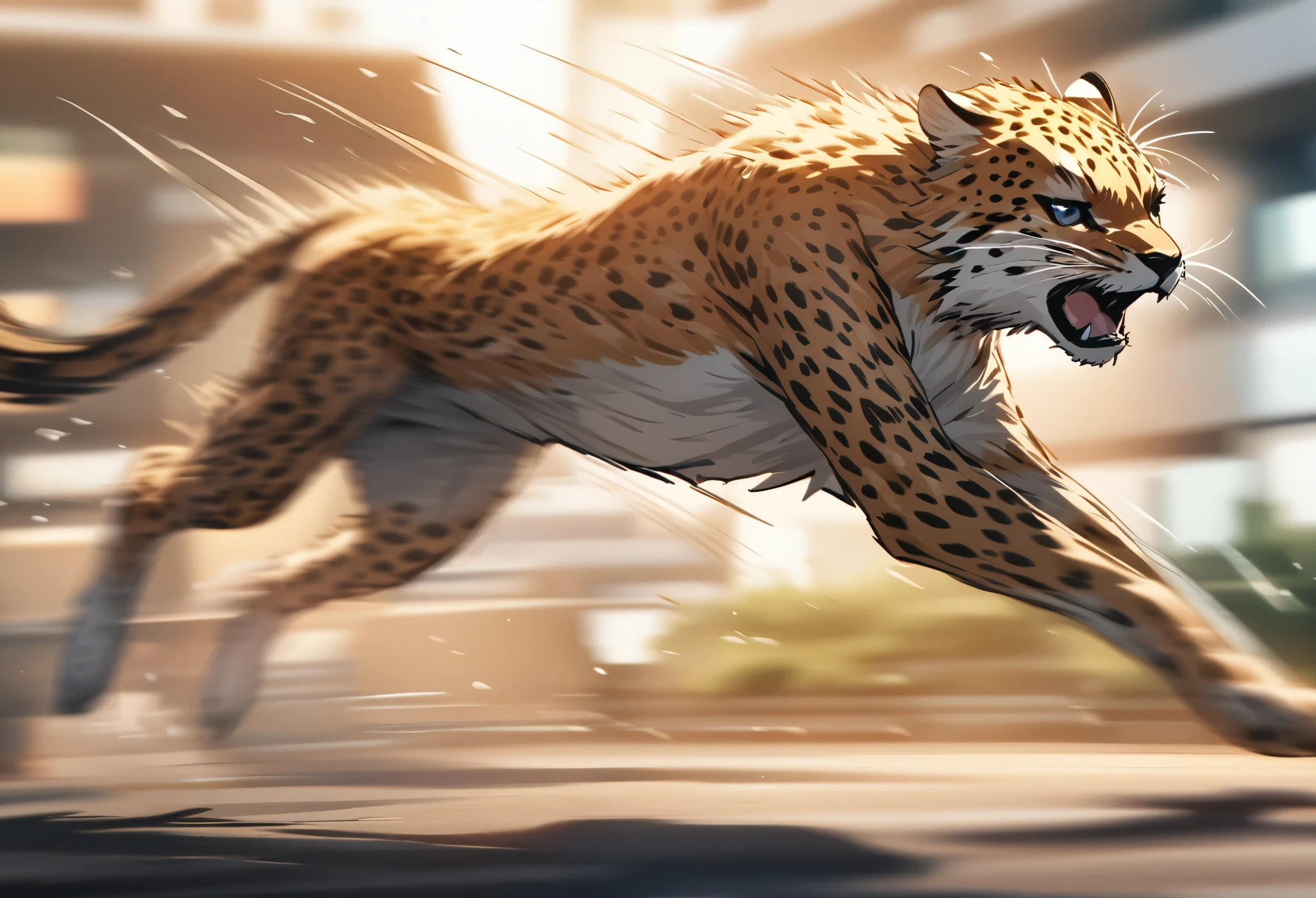 side view,Running cheetah,Motion blurred,Motion Blur,Dynamic lines,Enhanced depth of field,8k,Super Fine,masterpiece,high quality