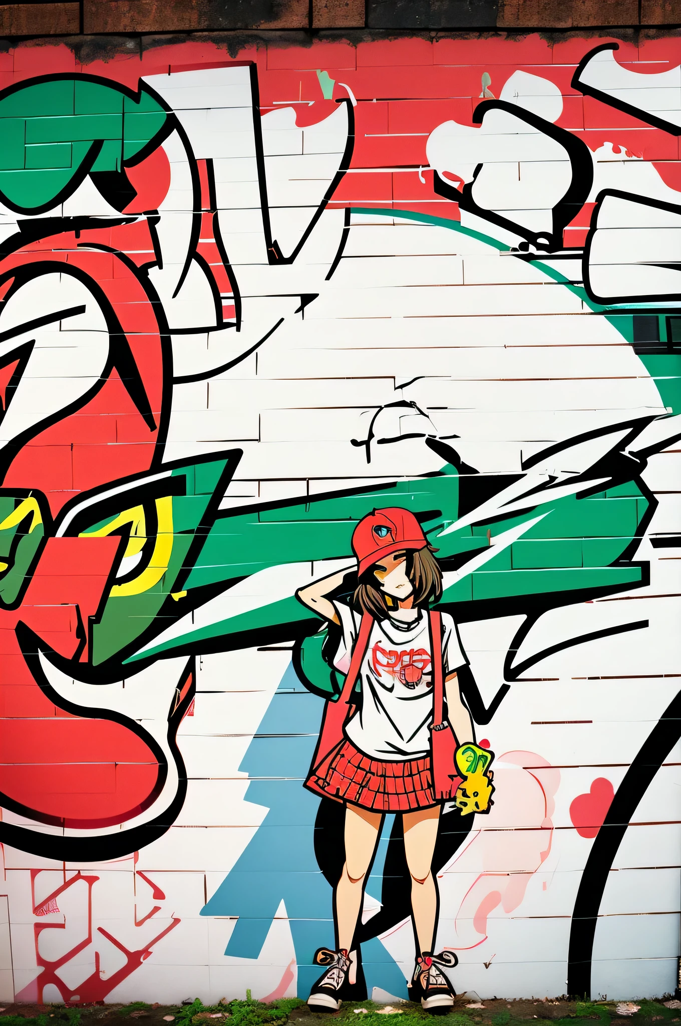 A graffiti art style sign for a shop called guranyuu-farm, featuring an anime style girl in street fashion, biting a juicy minitomato, with a spray paint effect. The background is a brick wall with the shop name and slogan 'Fresh and delicious tomatoes' in graffiti letters.