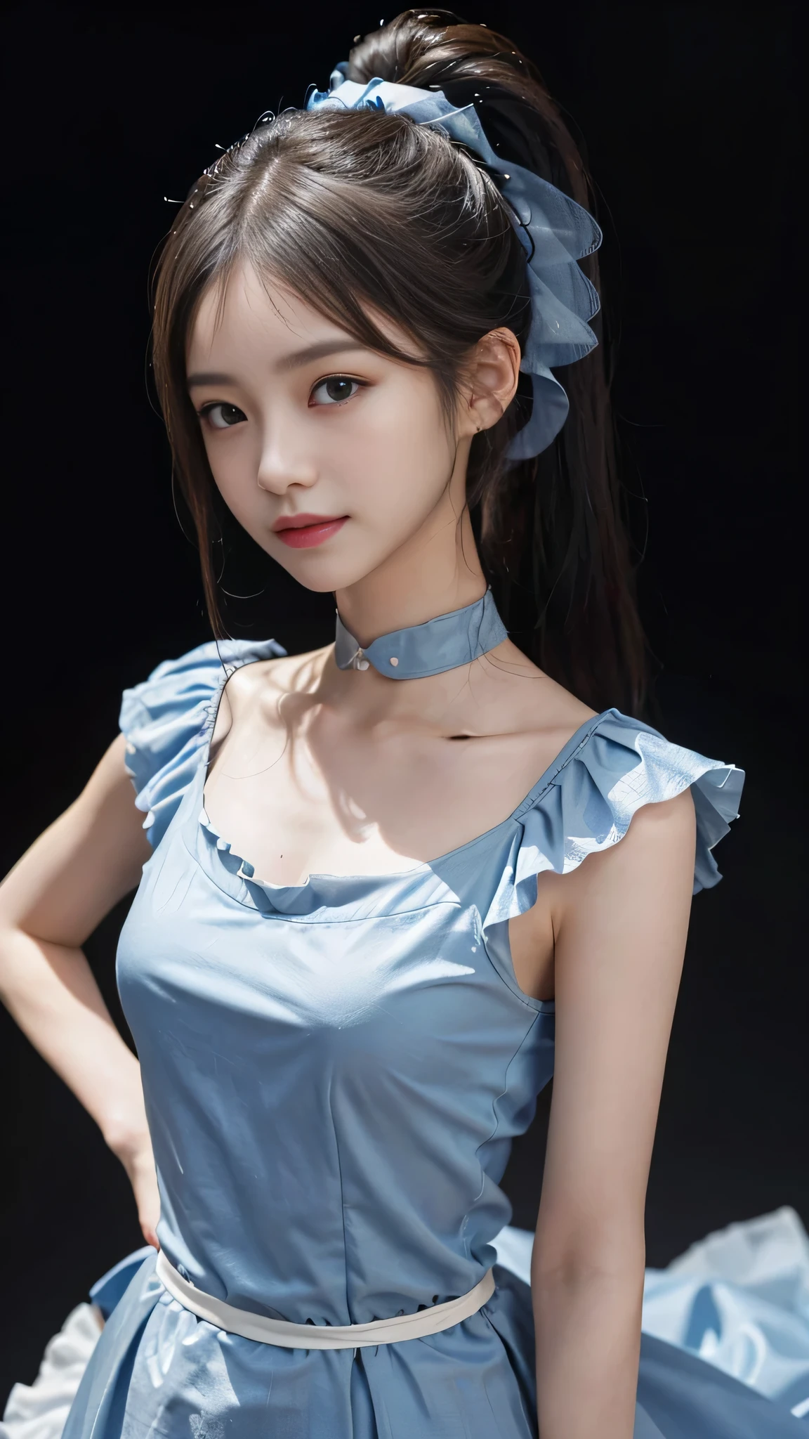 Close up face,standing on stage,Blue colored long dress with lots of ruffles,One woman,masutepiece, The highest image quality, High quality, the background is clear,Beautiful woman, Japanese, Detailed, Detailed eyes, Detailed skin, Beautiful skin, 超hight resolution, (reality: 1.4),Very beautiful woman, Slightly younger face, Beautiful skin, slender, (Ultra photo realsisim), (hight resolution), (8K), (Very detailed) (beautifully detailed eyes), (super detailed), (Detailed face), view the viewer, Fine details, Detailed face, Staring straight ahead, Staring straight ahead, photos realistic, Bright lighting, Professional Lighting, Black hair,poneyTail,a baby face,fifteen years old,Hairstyle is ponytail,long ponytail hairstyle,slight smile,neat and tidy clothing,Beautiful Japanese KPOP idol photo, hair style is ponytail, my eyes are double and wide, baby face, smile and look straight ahead, slender, small breasts,Blue ribbon on head,Close up face,