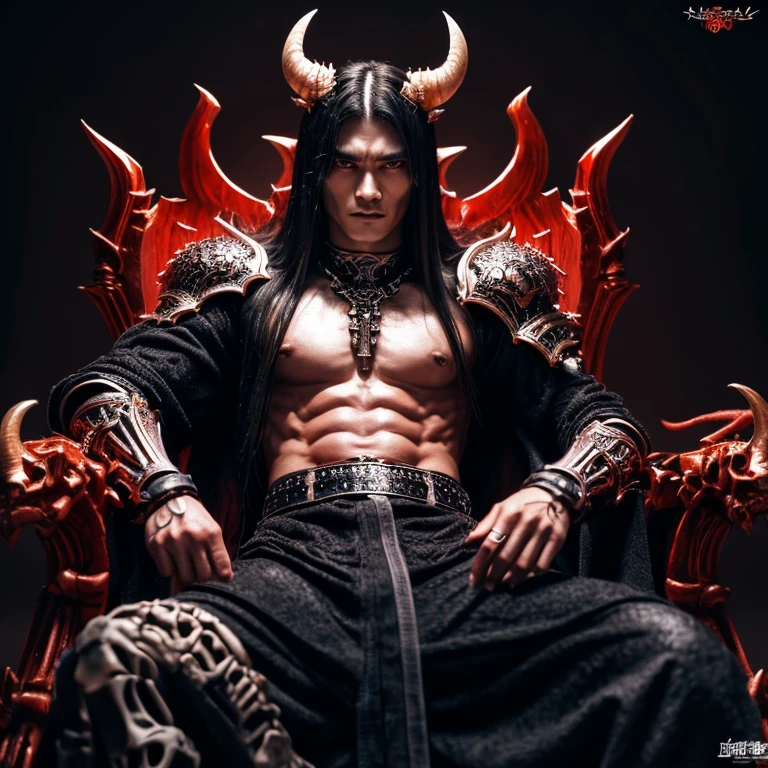 1 male demon, horned, Japanese, Asian eyes, handsome face, ultra detailed face and eyes, hyperrealistic, realistic representation, full body view, sitting on a throne in hell, the throne is made of bones, long black hair, he wears demonic armor, his facial expression is serious, he is 30 years old