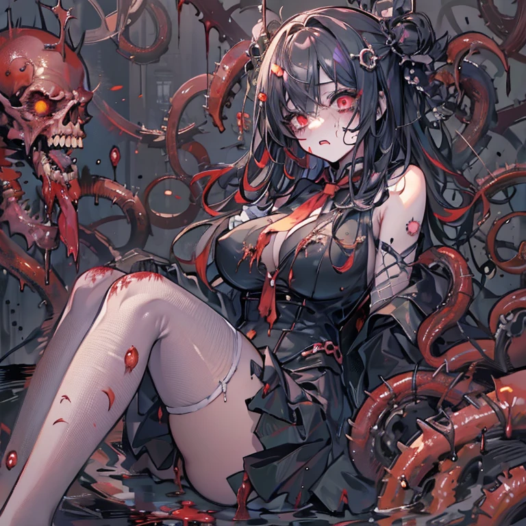 masterpiece, best quality, masterpiece,best quality,official art,extremely detailed CG unity 8k wallpaper, show foot, , solo, kawaii, no_humans, medium hair, black hair, tentacle hair, saliva, blood on face, light blush, red eyes, blood from eyes, large breasts, hanging breasts, one breast out, seifuku, black pantyhose, uwabaki, tentacle, vore, bdsm, girl_on_top, sex, femdom, facesitting, pussy_juice, female_ejaculation, cum, zombie girl ,one girl one boy,Girl infects man,Man under girl,Zombie girl,Blood on the face,Zombie girl感染人类,Zombie Lori