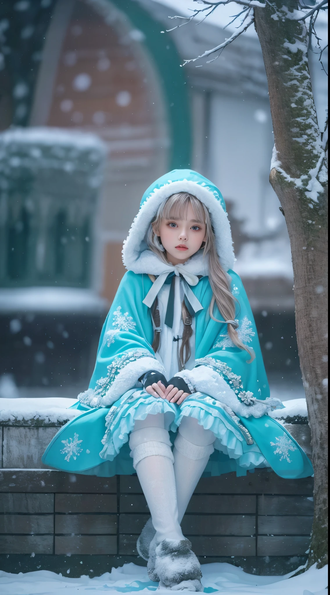 ( (8k:1.27), best quality, masterpiece, Ultra-high resolution:1.2),1 girl,Turquoise pupils,Clear face, sitting, Beautiful Lolita costume,Cloak,(snow, Winter Outdoor Activities:1.2)