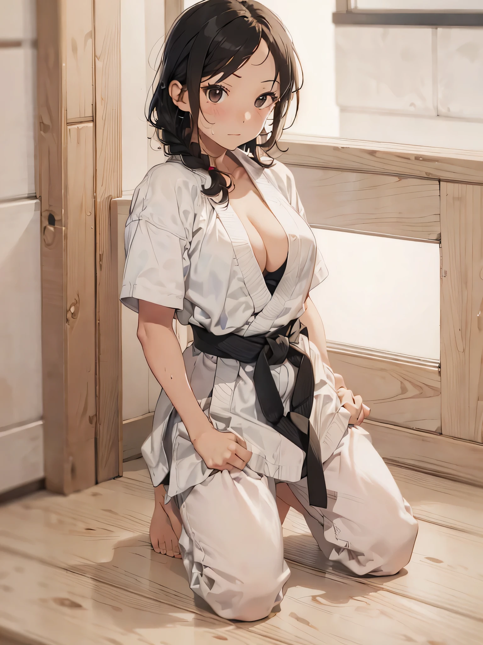 ((highest quality,4K,8k,High resolution,masterpiece:1.2,Ultra-detailed,Realistic,photoRealistic,photo-Realistic:1.37)),(1 female),(((Karate girl))),Perfect Face,(Black belt,Small karate uniform,Short sleeve,barefoot), (Black Hair, twin Braid,Putting out your forehead,Brown eyes,Droopy eyes),(Huge , Large waist,),(brave,Red face),(,from the front,),gym,Focus on the upper body,,(Sweat),full body,Cleavage,Forewing posture,kneeling,seiza