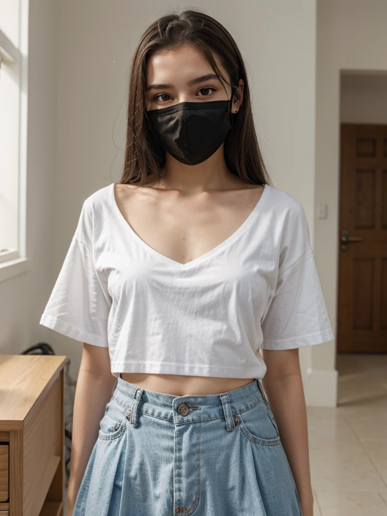a cute girl, white skin, masterpiece, textured skin, super detail, high details, high quality, 8k,
wearing a shirt stomach visible, skirt, wearing a mask,