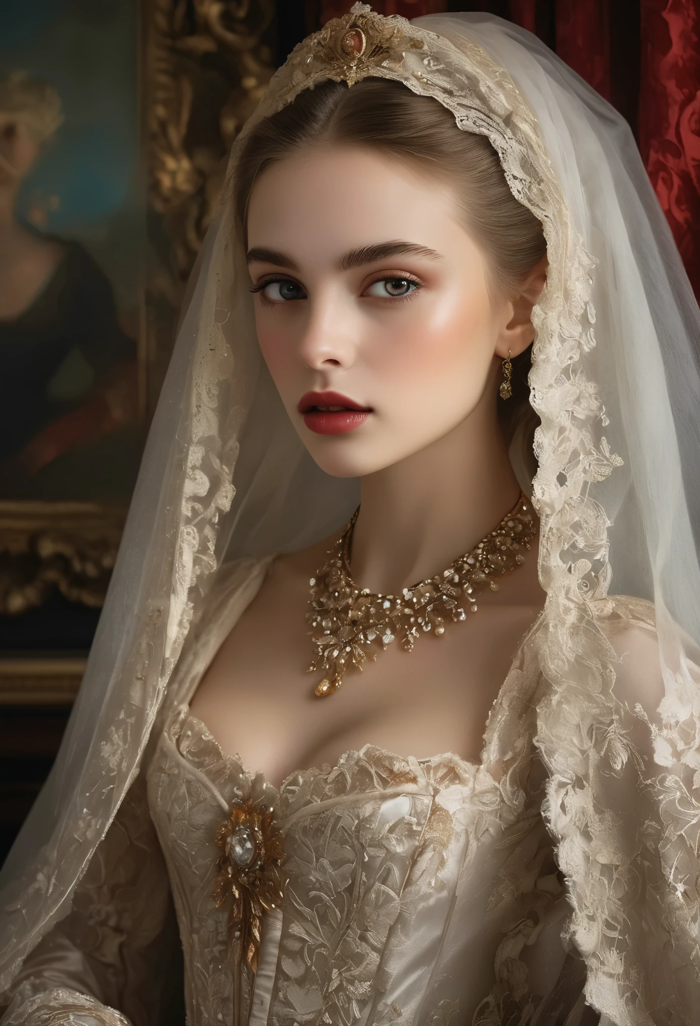 (highres,masterpiece:1.2),(realistic:1.37)A portrait of a Russian vampire girl in the 18th century with unparalleled beauty. She has mesmerizing red eyes and delicate rosy lips. long fangs, The portrait is meticulously detailed, capturing every subtle nuance of her features. She is adorned in an exquisite silk gown, embellished with intricate lace and delicate embroidery. The painting showcases the opulence of the era, with lush velvet curtains and gilded furniture in the background. The lighting is soft and diffused, accentuating the girl's ethereal beauty. The colors are vibrant and rich, creating a captivating visual experience. The portrait is created in the style of classical portraiture, reminiscent of the works of renowned artists from the era. It exudes elegance, grace, and sophistication. sharp long nails