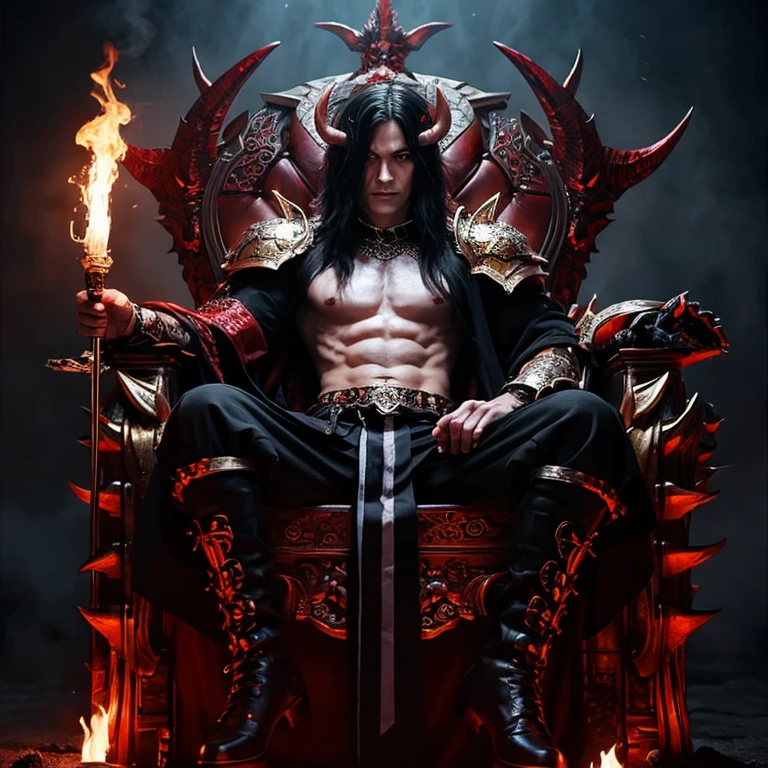 1 male demon, horned, Japanese, Asian eyes, handsome face, ultra detailed face and eyes, hyperrealistic, realistic representation, full body view, sitting on a throne in hell, the throne is made of bones, long black hair, he wears demonic armor, his facial expression is serious, he is 30 years old