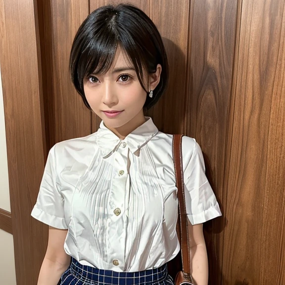 (Surrealism, Raw photo, Nikon, 8K, Super detailed, Tabletop, Advanced Details, Anatomically correct, Intricate details, Very detailed),
(Japanese pinup mode, Japanese girl, 16 yea with slim waist, Haruka Fukuhara, Hina's Hymn),
((High precision human body, Highly detailed face, Beautiful eyes with attention to detail, Realistic Skin, Small 、Impossibly cute, sister girl, Affectionate and cute, pretty girl, Surreal girl, It is really cute, The cutest:1.2)),
((Black Hair, Short Bob Cut, 1 small earring, Vivid eyes, Round face, Downward eyebrows, Light blush, Look at the viewers:1.1)), (smile),Random and cute poses, Japan High School、White blouse、Pleated skirt、White Sox、Low people、bag