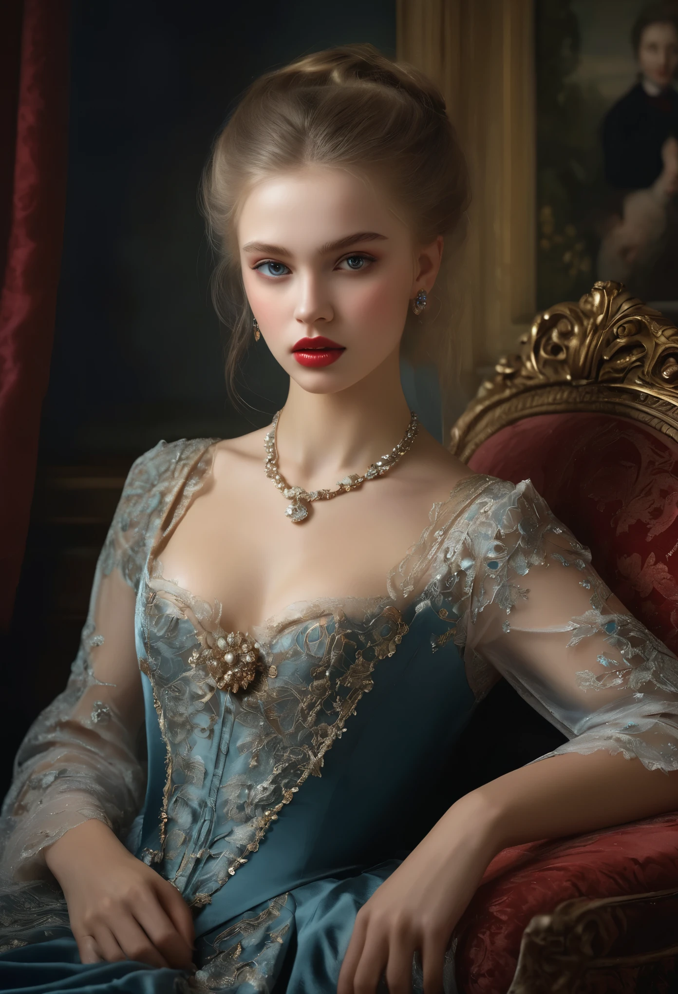 (highres,masterpiece:1.2),(realistic:1.37)A portrait of a Russian vampire girl in the 18th century with unparalleled beauty. She has mesmerizing red eyes and delicate rosy lips. long fangs, The portrait is meticulously detailed, capturing every subtle nuance of her features. She is adorned in an exquisite silk gown, embellished with intricate lace and delicate embroidery. The painting showcases the opulence of the era, with lush velvet curtains and gilded furniture in the background. The lighting is soft and diffused, accentuating the girl's ethereal beauty. The colors are vibrant and rich, creating a captivating visual experience. The portrait is created in the style of classical portraiture, reminiscent of the works of renowned artists from the era. It exudes elegance, grace, and sophistication. sharp long nails