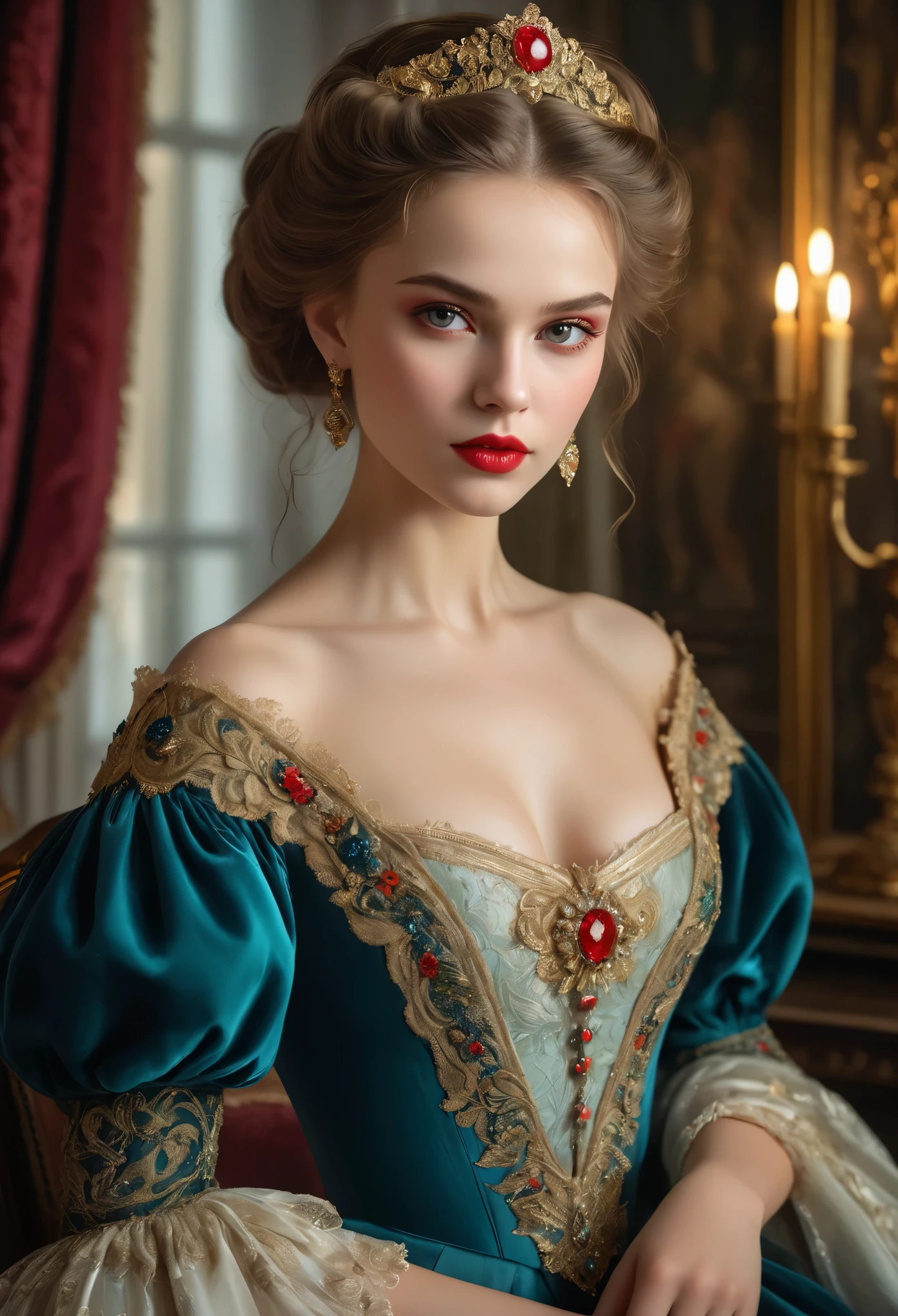 (highres,masterpiece:1.2),(realistic:1.37)A portrait of a Russian vampire girl in the 18th century with unparalleled beauty. She has mesmerizing red eyes and delicate rosy lips. long fangs, The portrait is meticulously detailed, capturing every subtle nuance of her features. She is adorned in an exquisite silk gown, embellished with intricate lace and delicate embroidery. The painting showcases the opulence of the era, with lush velvet curtains and gilded furniture in the background. The lighting is soft and diffused, accentuating the girl's ethereal beauty. The colors are vibrant and rich, creating a captivating visual experience. The portrait is created in the style of classical portraiture, reminiscent of the works of renowned artists from the era. It exudes elegance, grace, and sophistication.