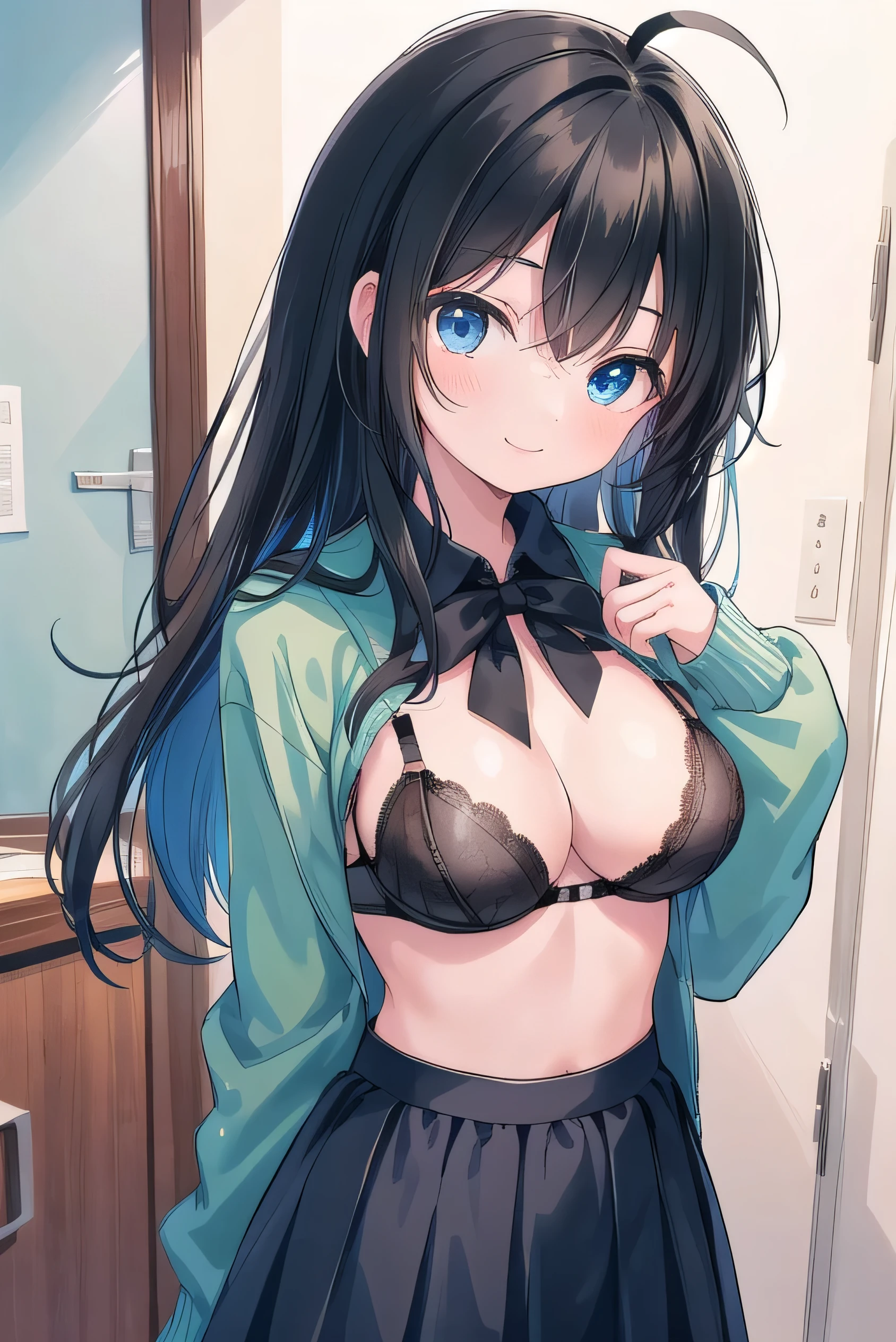 high schoolooks like an elementary school st short, 140cm tall, black hlight green tinge, short ahoge, beautiful long hair but with a little hair sticking out, beautiful round eyes, blue eyes, smile, boyish, long sleeves , thick clothes, skirt, big breasts, hair longer than waist, long hair, young face, dark greenish black hair, gentle smile, a little shy, skirt is black, hair is black but has a slight green tinge, boyish and gentle smile I have.(show off bra:1.5)