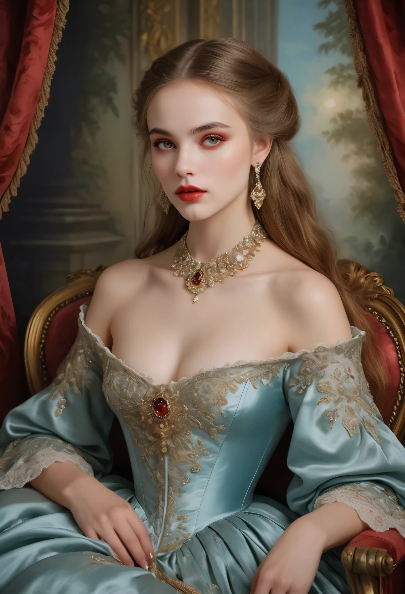 (highres,masterpiece:1.2),(realistic:1.37)A portrait of a Russian vampire girl in the 18th century with unparalleled beauty. She has mesmerizing red eyes and delicate rosy lips. long fangs, The portrait is meticulously detailed, capturing every subtle nuance of her features. She is adorned in an exquisite silk gown, embellished with intricate lace and delicate embroidery. The painting showcases the opulence of the era, with lush velvet curtains and gilded furniture in the background. The lighting is soft and diffused, accentuating the girl's ethereal beauty. The colors are vibrant and rich, creating a captivating visual experience. The portrait is created in the style of classical portraiture, reminiscent of the works of renowned artists from the era. It exudes elegance, grace, and sophistication.