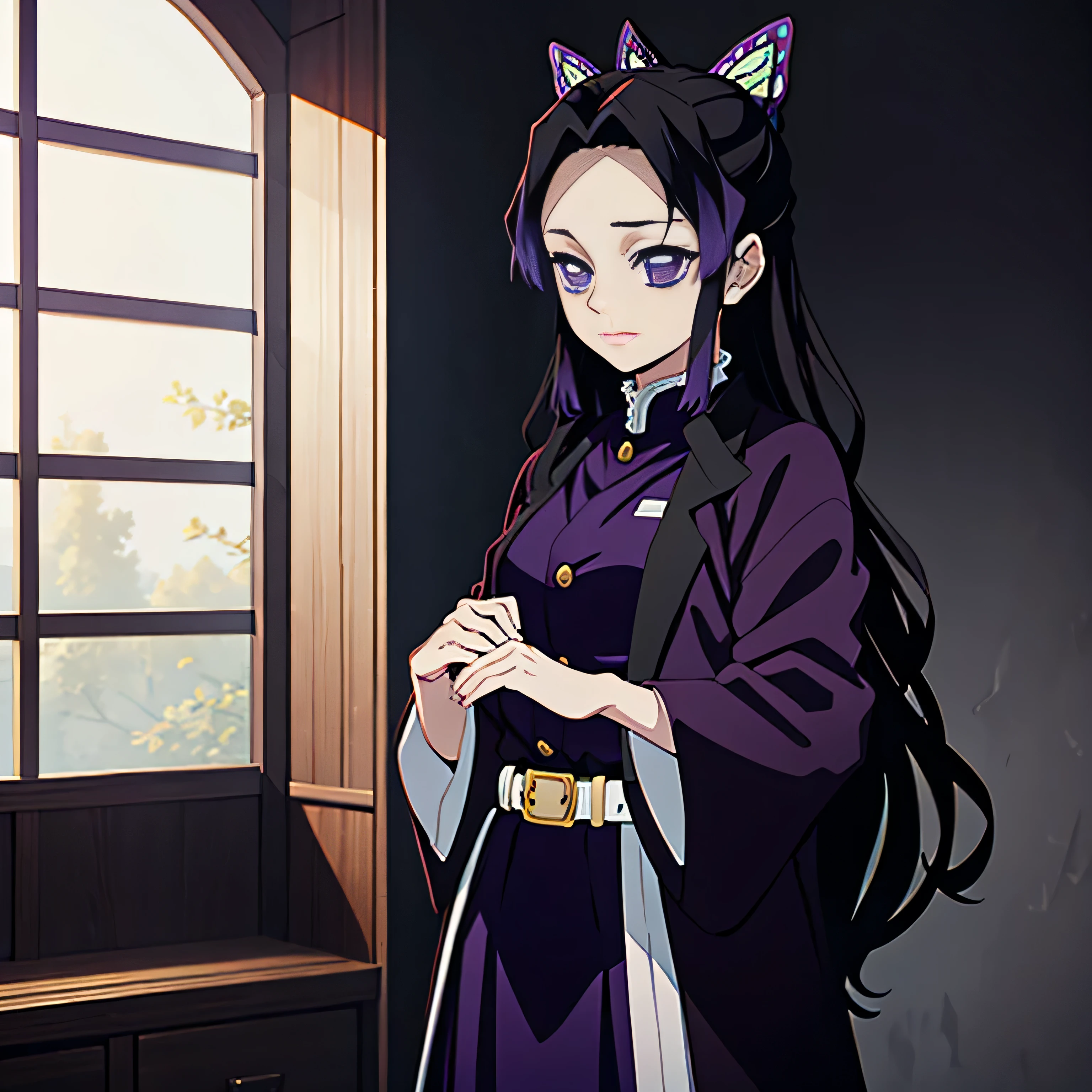 Kimetsu no Yaiba style, 1 girl, a hashira, pretty, (purple hair), gentle, elegant, calm, noble, Pillar Demon Slayer, wearing demon slayer uniform, holding a purple demon slayer sword, Noble, wearing butterfly hair ornament, (cowboy shot) high quality, high resolution, ((long hair))