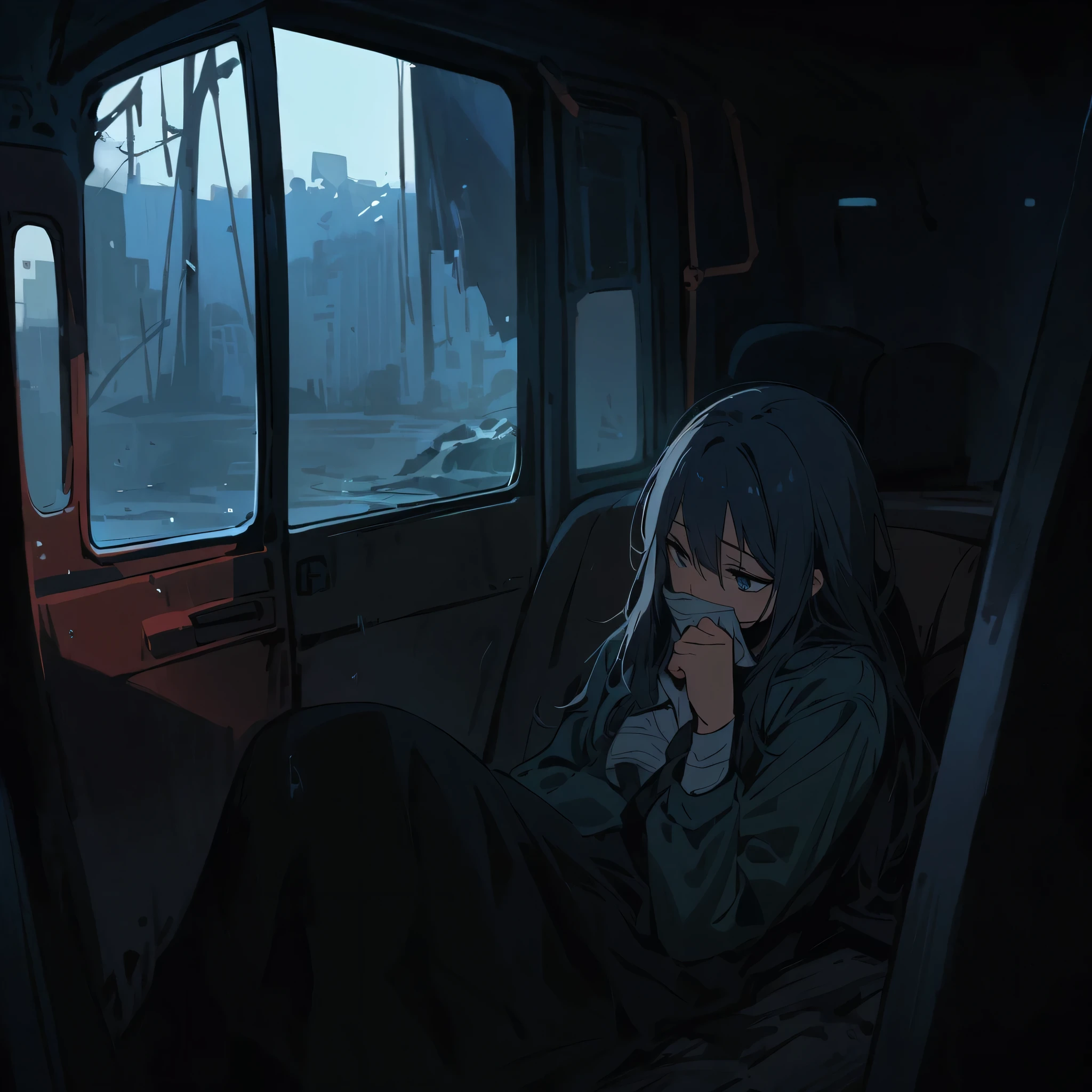 From inside a van, the vast expanse of the back seat fills the frame, the interior grimy and decrepit, a stark contrast to the outside world, a  in uniform lies prone on the seat, her hands clasped tightly against her chest, a gray tape covering her mouth, her eyes wide with fear and desperation, the scene shrouded in an unsettling atmosphere of menace and dread, depicted in a gritty, documentary-style photograph, with harsh lighting and desaturated colors that enhance the sense of decay and despair