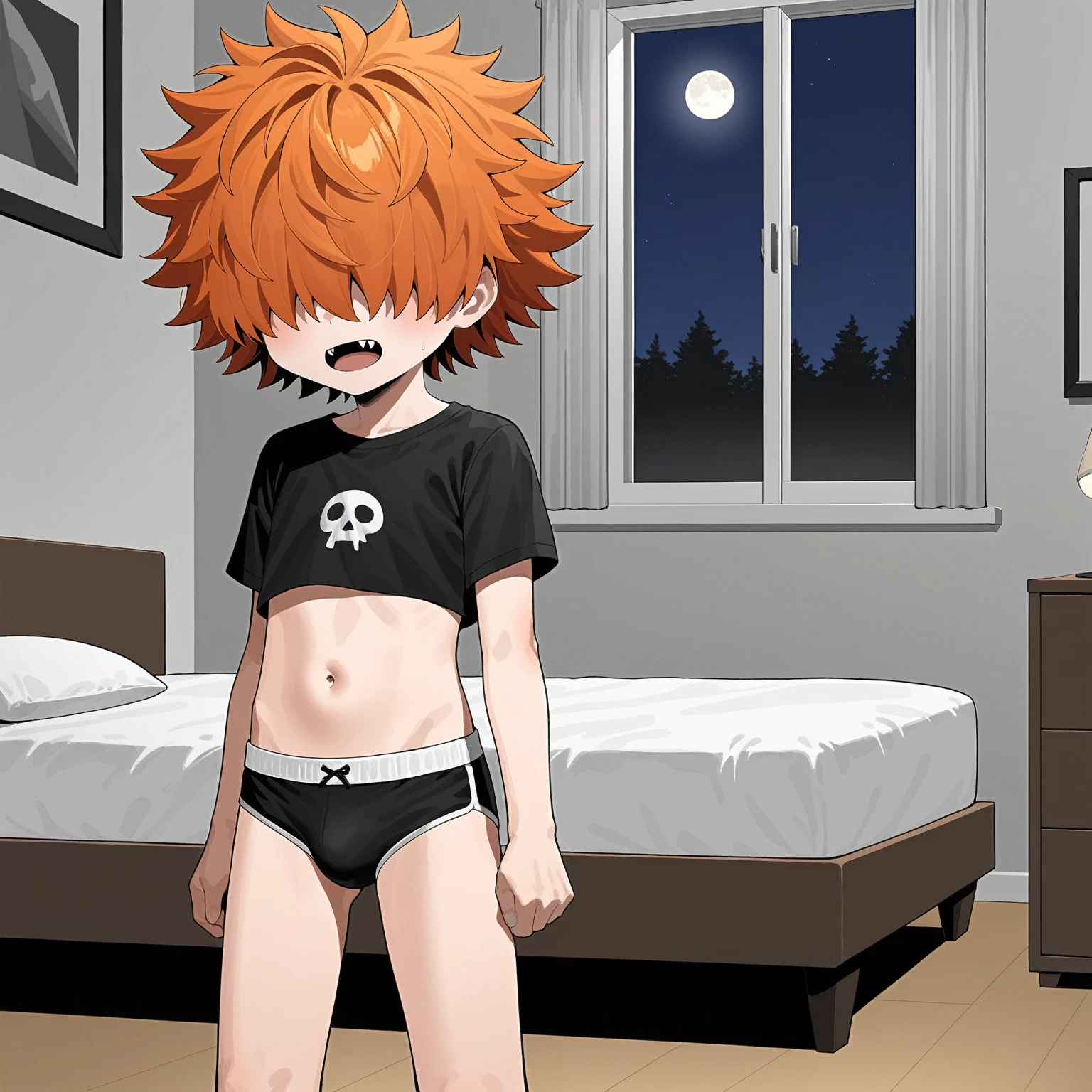 score_9, score_8_up, score_7_up, source_anime, BREAK by ikuchan kaoru, iku, clean color, flat color, 1boy, ((shota)), solo, indoors, crop top, hair over eyes, shaggy hair, fangs, ginger hair,medium hair, messy hair, unkempt, pimples, bedroom, messy bedroom, Unkempt bedroom, dirry clothes on ground, frustrated, annoyed, standing, bulge, night, night time, after dark, goth boy, ((pimples))