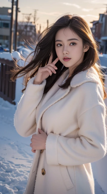 ((tmasterpiece, 32K,8K,the wallpaper, A high resolution, absurd res,RAW photogr,)),(realisticlying:1.5),(light),(detailed finger),(highdetailskin:1.retty eyes),1个Giant Breast Girl,Alone, Winters, yuki, fur collar trench coat, high-necksweater, , lacepantyhose,(Huge grabbed),twilight,rosy clouds,the wind,Hair flying,