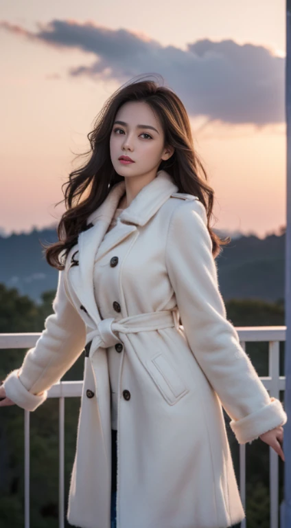 ((tmasterpiece, 32K,8K,the wallpaper, A high resolution, absurd res,RAW photogr,)),(realisticlying:1.5),(light),(detailed finger),(highdetailskin:1.retty eyes),1个Giant Breast Girl,Alone, Winters, yuki, fur collar trench coat, high-necksweater, , lacepantyhose,(Huge grabbed),twilight,rosy clouds,the wind,Hair flying,