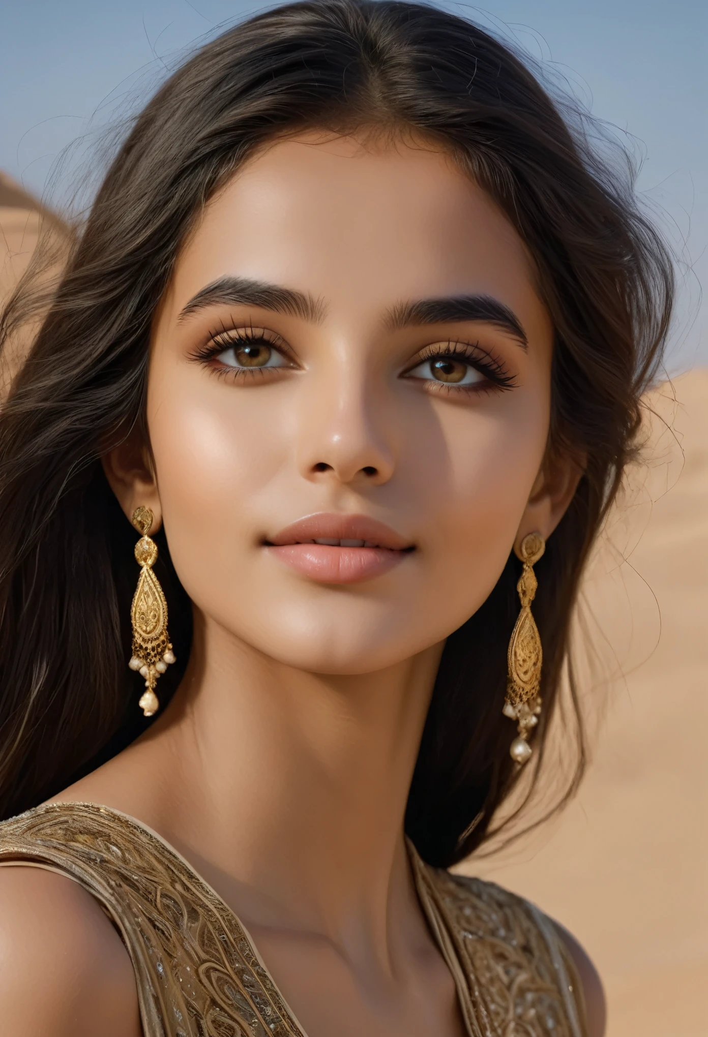 (ultra-detailed,photorealistic:1.37),(best quality,4k,8k,highres,masterpiece:1.2), This 16-year-old Saudi Arabian girl is a vision of ethereal beauty, captivating all who gaze upon her. Her long, flowing jet-black hair cascades down her shoulders like a shimmering waterfall, framing her delicate features with an air of mystery and allure. Her eyes, deep pools of darkness, hold a universe of secrets within them, twinkling with the wisdom of ages beyond her years.

Her skin, kissed by the desert sun, glows with a radiant warmth, reminiscent of the golden sands of her homeland. Each delicate curve of her face is sculpted with perfection, her high cheekbones catching the light in a breathtaking display of elegance.

As she smiles, it's as if the whole world lights up around her, her laughter echoing like music in the wind. Her attire, adorned with intricate patterns and delicate fabrics, drapes her slender frame like a work of art, enhancing rather than overshadowing her natural beauty.

In her presence, time seems to stand still, as if she's stepped out of a fairy tale and into reality, a true embodiment of grace and charm. This 16-year-old Saudi Arabian girl is not just beautiful; she's a living, breathing masterpiece, a testament to the boundless wonders of the human form.