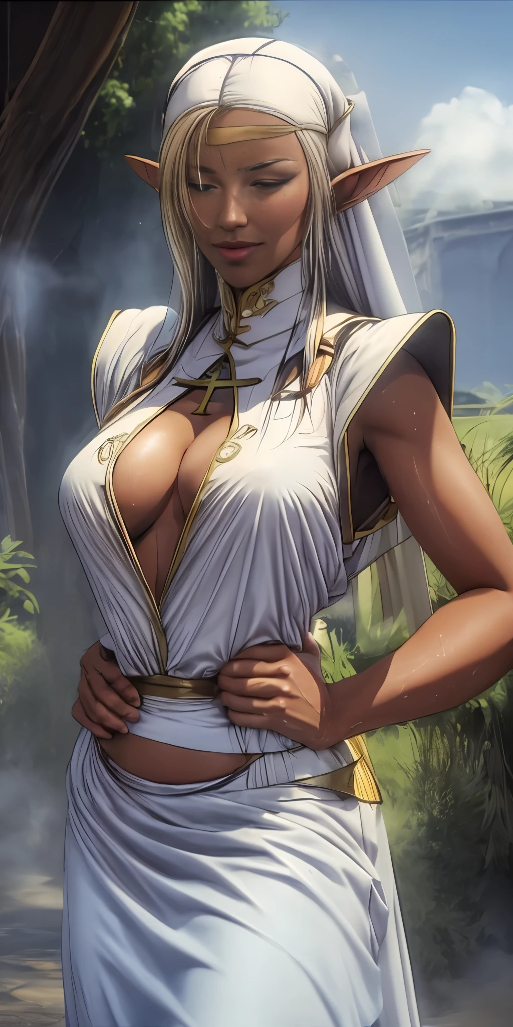 Standing, big breasts, plump, pretty face, thick body, blonde hair, hands covering eyes, seductive expression, showing a happy smile, showing armpits, masterpiece, super mass, 4k quality, high detail, elf mother, black nun turban, lace skirt, cleavage, white tights, sweaty, hands on the back of the head, lying on the ground, wet clothes, see-through, water vapor, elevation view, add_detail:1.5