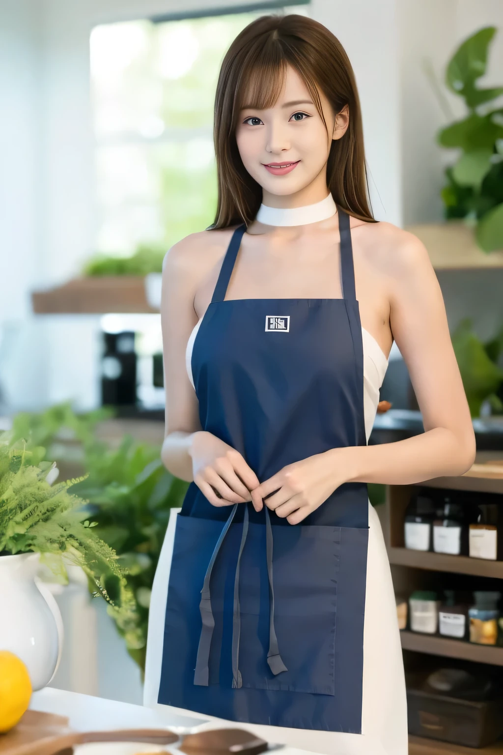 highest quality,masterpiece,Ultra-high resolution, (Realistic:1.4), girl, 18-year-old, (Firm breasts:1.2), (Slim face:1.2, Narrow waist, Thin legs), Charm, look at each other, Dynamic Shot, (Black Choker) , (bangs), Blue Eyes, smile, Big Breasts, ((Naked Apron, Work Apron))、very long eyelashes, ((Akihabara)), (Nipples:-1), No sleeve