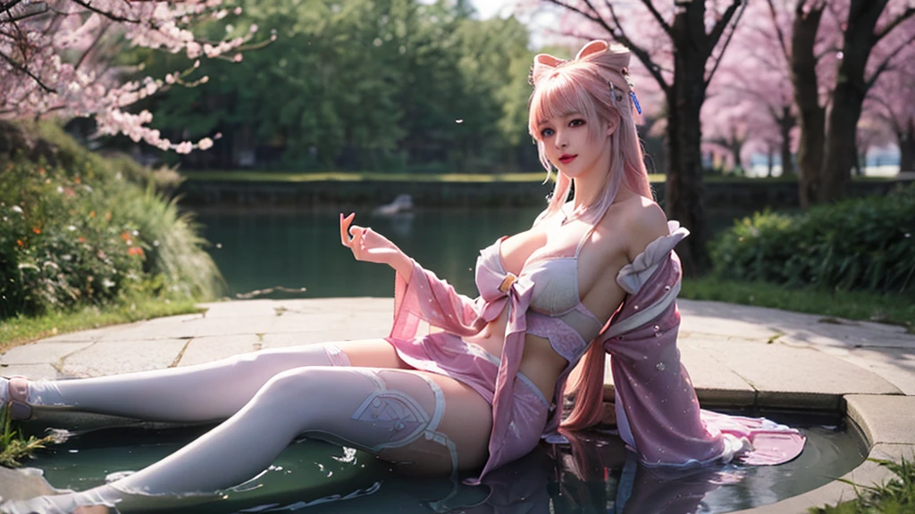 delicated best quality ,masterpiece, illustration, an extremely delicate and beautiful, extremely detailed ,CG ,unity ,8k wallpaper, Amazing, finely detail, masterpiece,best quality,official art,extremely detailed CG unity 8k wallpaper, absurdres, incredibly absurdres, huge filesize , ultra-detailed, highres, extremely detailed,beautiful detailed girl, extremely detailed eyes and face, beautiful detailed eyes,light on face,1girl, (kokomi/genshin impact), (Super realistic), (((pink hair))), (high ponytail), (hime hair in a high bun), tie a bow in the back of the head, (purple eyes), ((hair jewelry)), (slave necklace), (((describe the arm in detail))), ((charming lingerie)), (((Super boobs))), (saggy breasts), ((giant breasts)), ((milk cow's udder), ((Big ass)), ((thighs)), ((Plump body)), (Big breasts), ((armpit)), ((Plump boobs)),, (detailed description of hair), jewelry, (gem earrings), ((upper body)), (Bare shoulder), ((collarbone)), ((off shoulder)), (Shiny skin), (Detailed description of eyes), (detailed description of face), (detailed description of body), (white and translucent skin), peerless beauty, (extreme beauty), (red lips), (shy ), ( smile), (facing the viewer), ((facing)), (((cherry blossom))), (falling petal), (((kimono))), ((long sleeves)), (revealing clothes), ((wide sleeves)), (thin silk), (penetration), (Lying on the shore of a lake full of cherry blossom), (She sits gracefully by the tranquil cherry blossom lake, her feet playing in the water, bathed in the soft glow of the moonlight), the water surface is reflective, (every pose), ((There is a lot of water on the body))