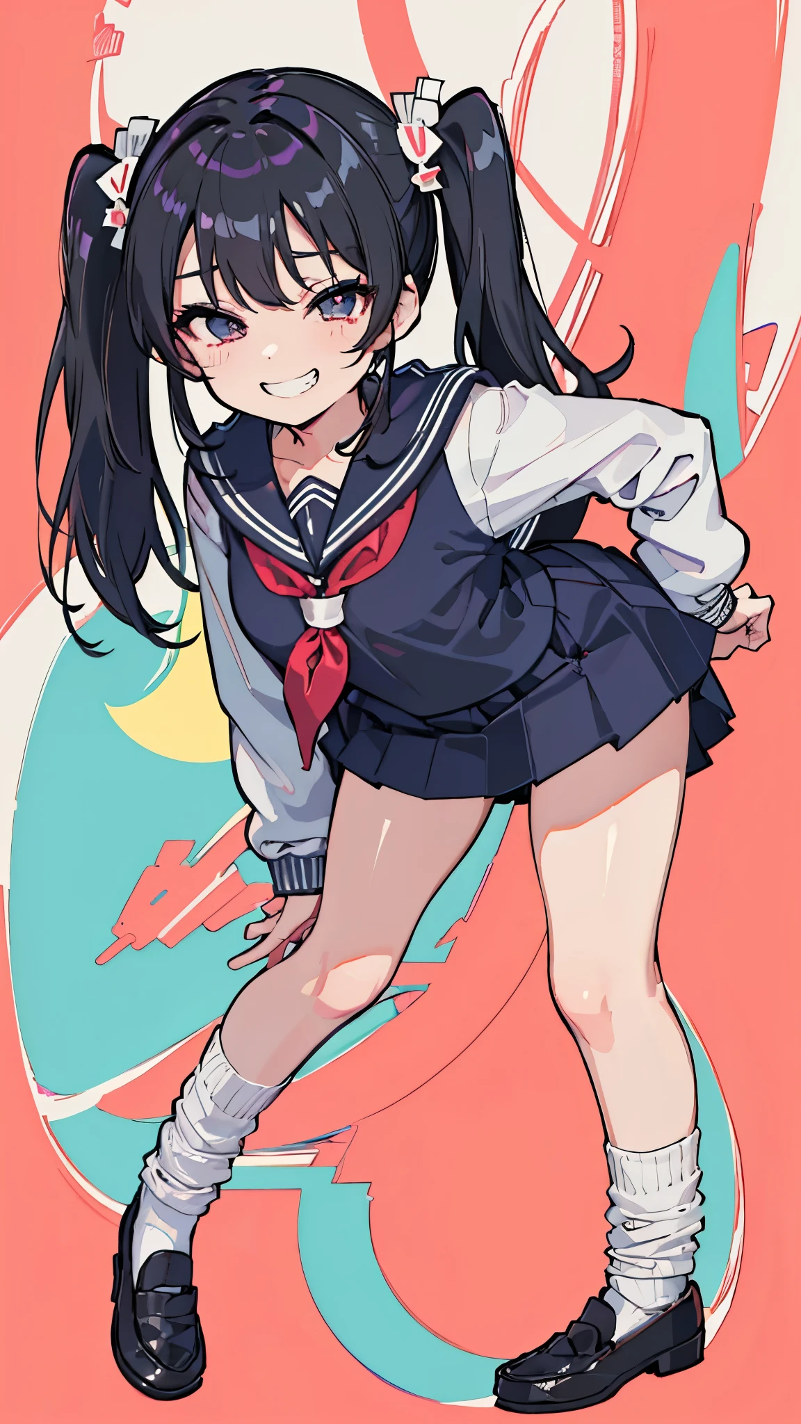 (8K、Highest quality、highest quality、masterpiece)、Detailed face、((Lori))、Black Hair、Long Hair、twintails、Grey Eyes、evil smile、((Grin))、Small breasts、((serafuku))、white socks、loafers、((bent over))、Classroom Background