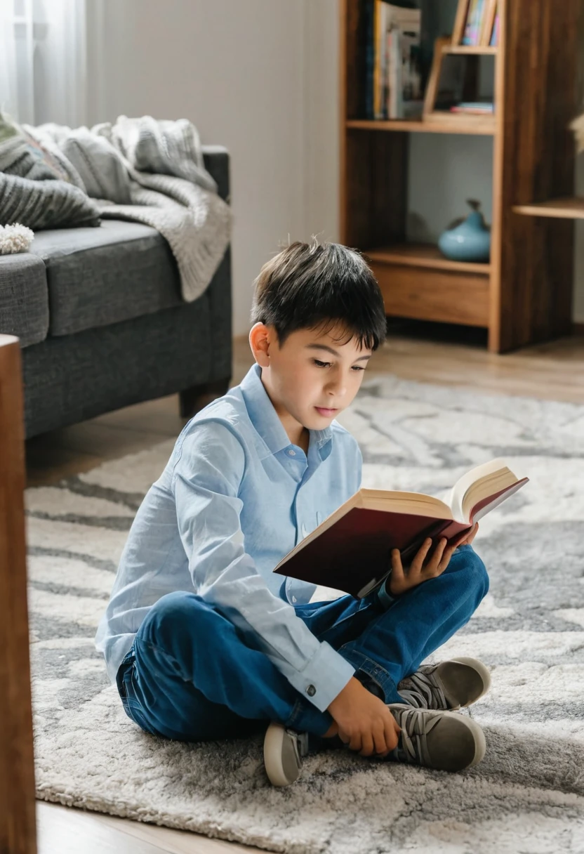 A boy sitting on the floor in the living room and reading a book