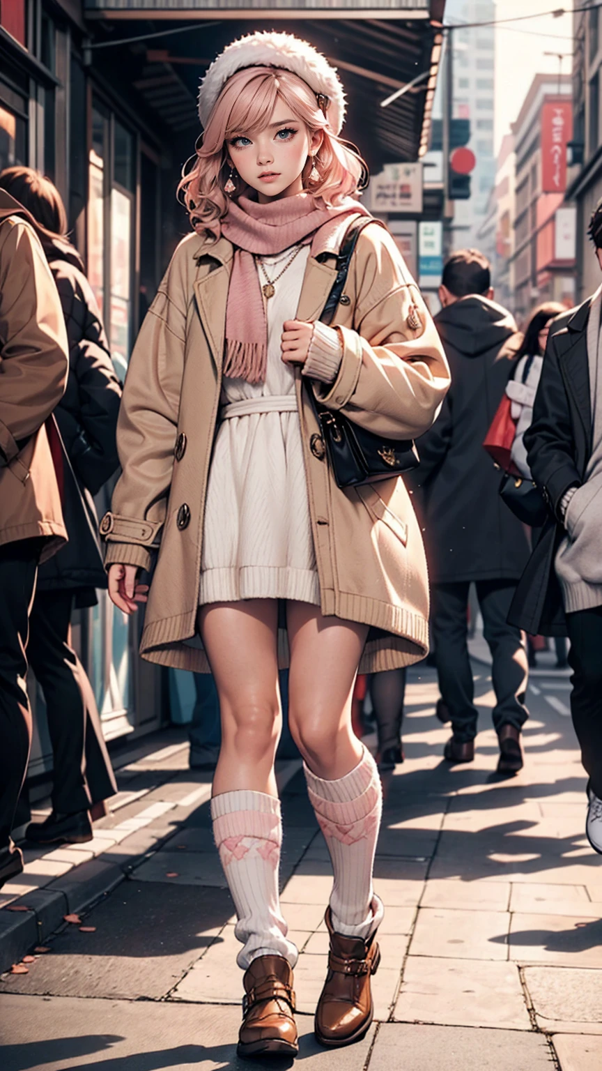 masterpiece,highest quality,(1 Mature Woman),short hair,Pale pink hair,Curly Hair,Shut, 一人in, Zoom Layer, Long Hair, in, Iris, Jacket, coat,heart, sleeines past wrists, looking at iniewer, bangs, white headwear, leg warmers, blush, necklace, (pink Jacket), sweater, loose socks, Full Body, jewelry, Fur trim, Pom-pom (Clothes), socks, pantyhose, long sleeines, Parted lips,Full Body,(Tsundere:1.3),(We say:1.2),hair ornaments,レースinトリミングされたヘアバンド ,Combat Ready,(compensate:1.2), (eyelash),(heainy breathing:1.3), (Severe),Earrings, necklace, Princess,(white) Knee socks,looking at iniewer,Medium breast,white fur-trimmed_boots,sweater,(scarf,)Dynamic pose,