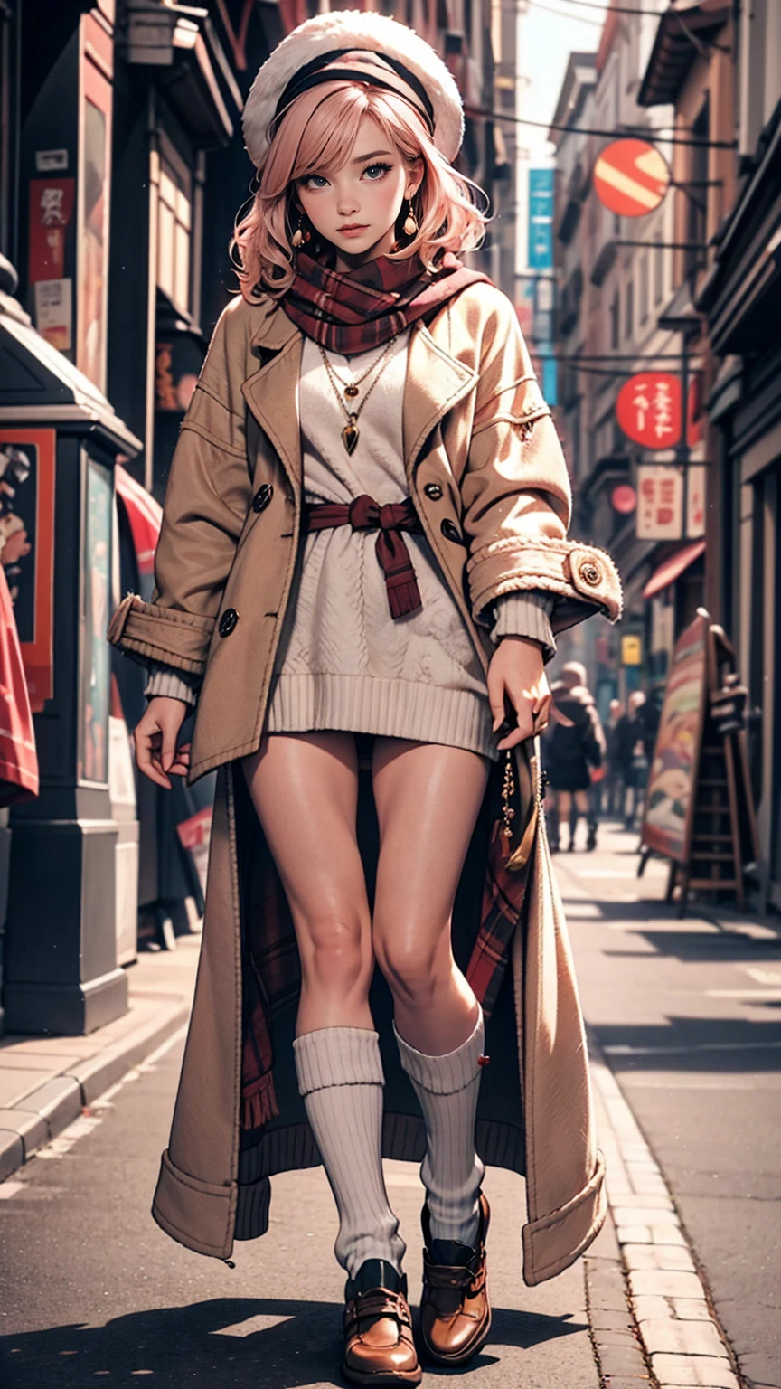 masterpiece,highest quality,(1 Mature Woman),short hair,Pale pink hair,Curly Hair,Shut, 一人in, Zoom Layer, Long Hair, in, Iris, Jacket, coat,heart, sleeines past wrists, looking at iniewer, bangs, white headwear, leg warmers, blush, necklace, (pink Jacket), sweater, loose socks, Full Body, jewelry, Fur trim, Pom-pom (Clothes), socks, pantyhose, long sleeines, Parted lips,Full Body,(Tsundere:1.3),(We say:1.2),hair ornaments,レースinトリミングされたヘアバンド ,Combat Ready,(compensate:1.2), (eyelash),(heainy breathing:1.3), (Severe),Earrings, necklace, Princess,(white) Knee socks,looking at iniewer,Medium breast,white fur-trimmed_boots,sweater,(scarf,)Dynamic pose,