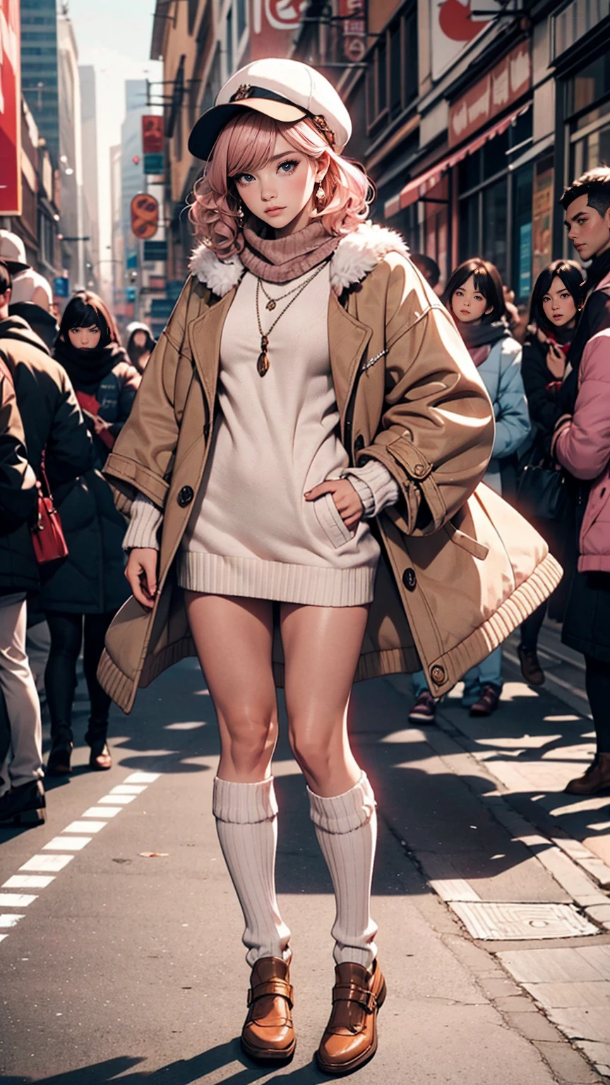 masterpiece,highest quality,(1 Mature Woman),short hair,Pale pink hair,Curly Hair,Shut, 一人in, Zoom Layer, Long Hair, in, Iris, Jacket, coat,heart, sleeines past wrists, looking at iniewer, bangs, white headwear, leg warmers, blush, necklace, (pink Jacket), sweater, loose socks, Full Body, jewelry, Fur trim, Pom-pom (Clothes), socks, pantyhose, long sleeines, Parted lips,Full Body,(Tsundere:1.3),(We say:1.2),hair ornaments,レースinトリミングされたヘアバンド ,Combat Ready,(compensate:1.2), (eyelash),(heainy breathing:1.3), (Severe),Earrings, necklace, Princess,(white) Knee socks,looking at iniewer,Medium breast,white fur-trimmed_boots,sweater,(scarf,)Dynamic pose,