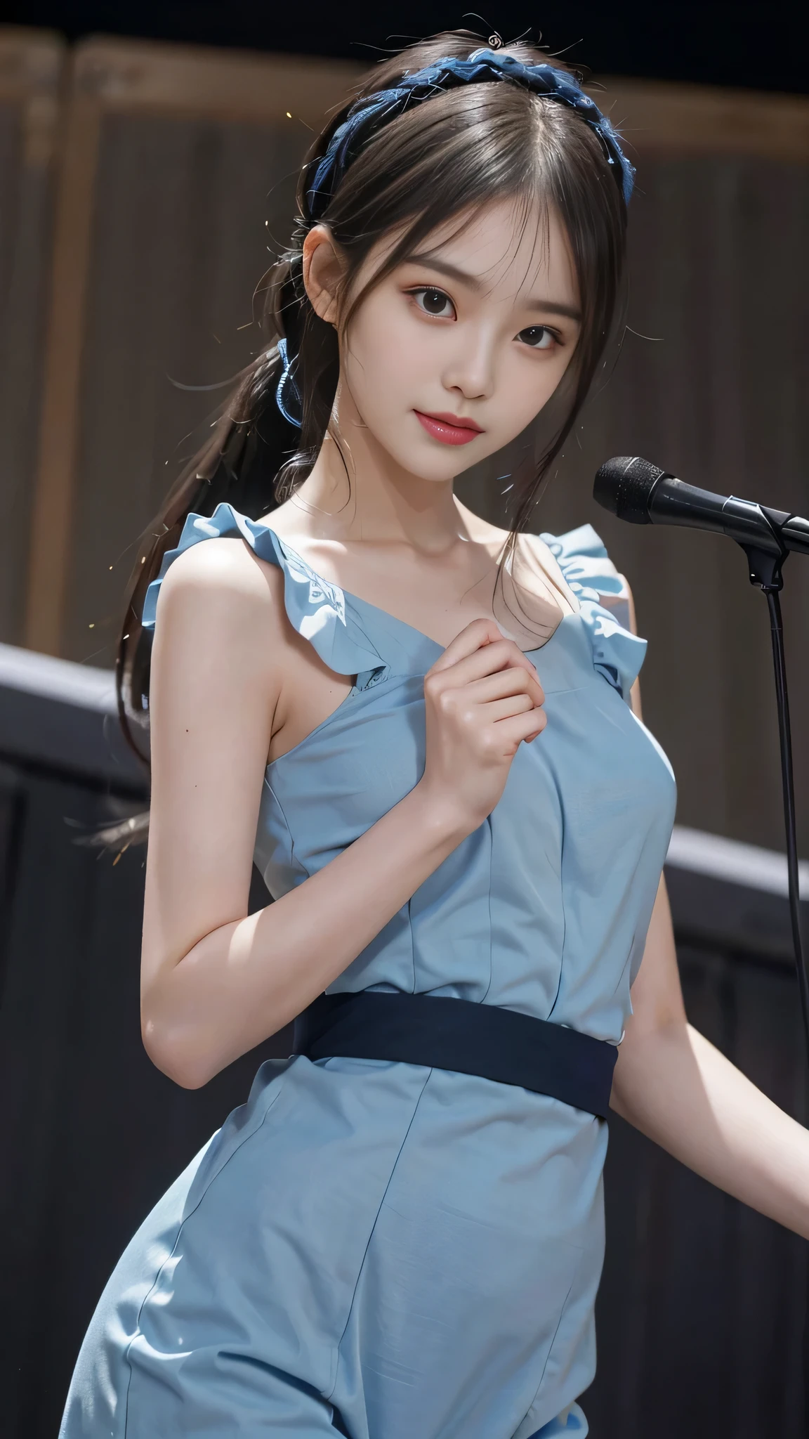 Close up face,standing on stage,Blue colored long dress with lots of ruffles,One woman,masutepiece, The highest image quality, High quality, the background is clear,Beautiful woman, Japanese, Detailed, Detailed eyes, Detailed skin, Beautiful skin, 超hight resolution, (reality: 1.4),Very beautiful woman, Slightly younger face, Beautiful skin, slender, (Ultra photo realsisim), (hight resolution), (8K), (Very detailed) (beautifully detailed eyes), (super detailed), (Detailed face), view the viewer, Fine details, Detailed face, Staring straight ahead, Staring straight ahead, photos realistic, Bright lighting, Professional Lighting, Black hair,poneyTail,a ,fifteen ye is ponytail,long ponytail hairstyle,slight smile,neat and tidy clothing,Beautiful Japanese KPOP idol photo, hair style is ponytail, my eyes are double and wide, baby face, smile and look ahead, slender, small breasts,Blue ribbon on head,Close up face,