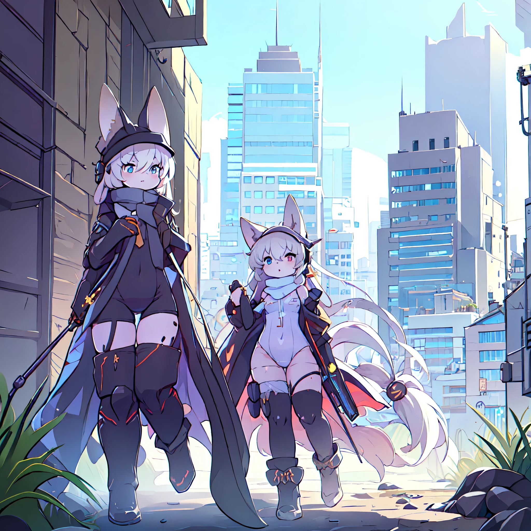 Kawaii, Striped Fluffy Fox, emaciated, long hair, where water meets sky and flooded city, 3girls, artificial synthetic skin, life support prosthetics, digital headphones, Military-under shirt, black tight latex leotard, white over-sleeve mechanical long dress, thigh-high-socks, shorts, loose off-the-shoulder hood open jacket, holsters in thigh, Mechanical boots, tactical knee pads, tactical belted loose Arm Sleeves, division, cybernetic Display gloves, chest rigs, tactical belts, line halo, bulletproof goggles on forehead, from Ark nights, g41,