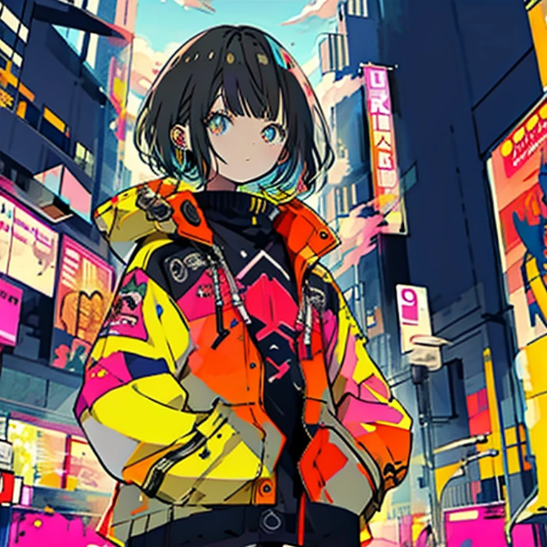 1 person、girl、Black Hair、short、Turn around、Black hoodie、Neon background