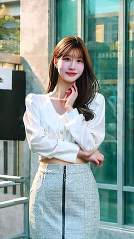 Woman wearing office casual、suits、White blouse、tight skirts、In the street、fullllbody、top-quality、ultra-detailliert、(Photorealsitic:1.8)、Saika 1、Erotic face、looking at the viewers、a smile、natural soft light
