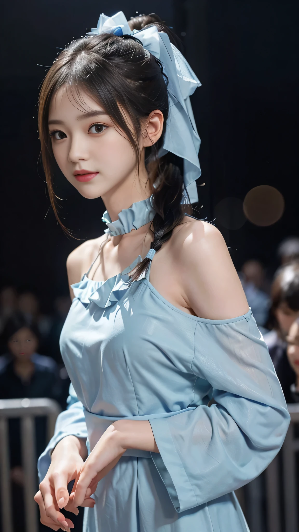 Close up face,standing on stage,Blue colored long dress with lots of ruffles,One woman,masutepiece, The highest image quality, High quality, the background is clear,Beautiful woman, Japanese, Detailed, Detailed eyes, Detailed skin, Beautiful skin, 超hight resolution, (reality: 1.4),Very beautiful woman, Slightly younger face, Beautiful skin, slender, (Ultra photo realsisim), (hight resolution), (8K), (Very detailed) (beautifully detailed eyes), (super detailed), (Detailed face), view the viewer, Fine details, Detailed face, Staring straight ahead, Staring straight ahead, photos realistic, Bright lighting, Professional Lighting, Black hair,poneyTail,a baby face,fifteen years old,Hairstyle is ponytail,long ponytail hairstyle,slight smile,neat and tidy clothing,Beautiful Japanese KPOP idol photo, hair style is ponytail, my eyes are double and wide, baby face, smile and look straight ahead, slender, small breasts,Blue ribbon on head,Close up face,