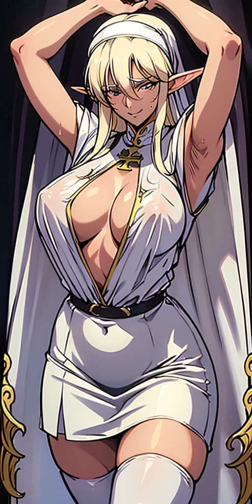 Standing, big breasts, plump, pretty face, thick body, blonde hair, hands covering eyes, seductive expression, showing a happy smile, showing armpits, masterpiece, super mass, 4k quality, high detail, elf mother, black nun turban, lace skirt, cleavage, white tights, sweaty, hands on the back of the head, lying on the ground, wet clothes, see-through, water vapor, elevation view, add_detail:1.5,erect nipples