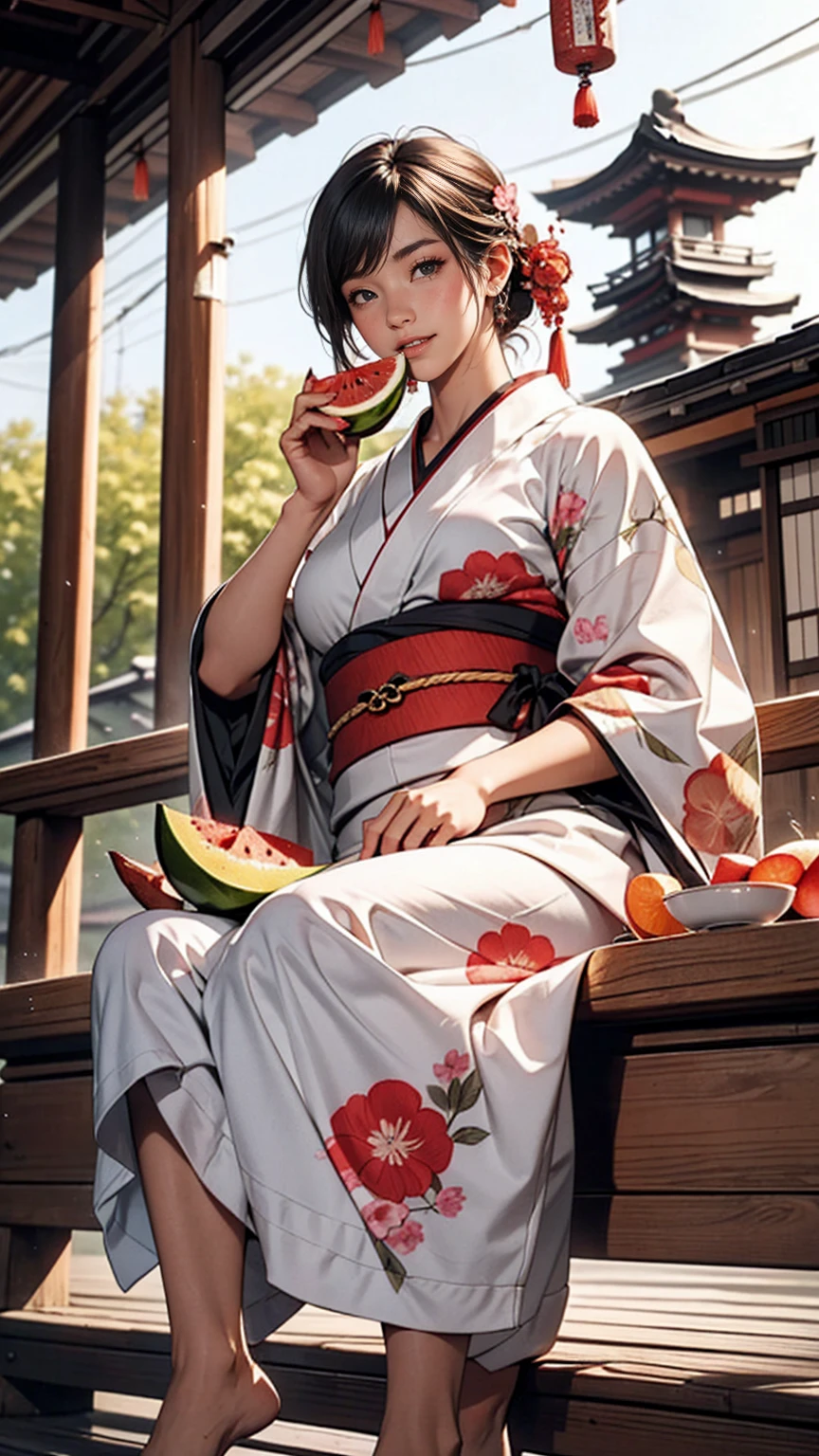 ((最high quality, 8K, masterpiece: 1.3, Ultra HD, high quality, 最high quality, High resolution, realism)) 、A stunningly beautiful 22-year-old Japanese woman、Hair color is black、Iriedium Hair、Straight Hair、smile、Slender but well-proportioned, slim and muscular body、Athlete-like body type、I want my head to stay off screen、Wearing red nail polish、I have a peticure、Sitting on the veranda of a Japanese house in the Japanese countryside、It's summer、A wind chime is hung in front of the eaves.、barefoot、Eating watermelon、A courtyard spreads out in front of the verandah.、wear a yukata