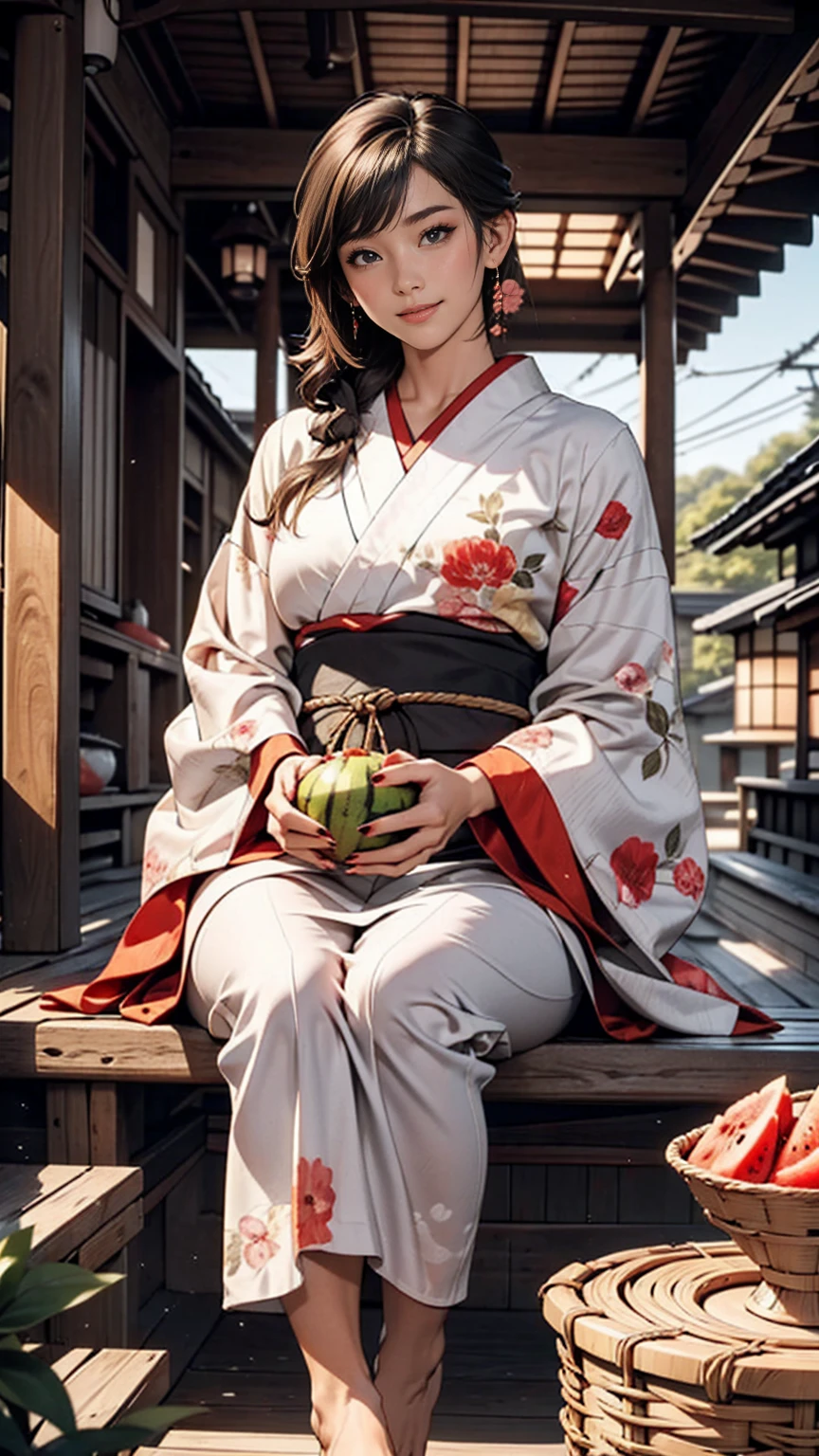 ((最high quality, 8K, masterpiece: 1.3, Ultra HD, high quality, 最high quality, High resolution, realism)) 、A stunningly beautiful 22-year-old Japanese woman、Hair color is black、Iriedium Hair、Straight Hair、smile、Slender but well-proportioned, slim and muscular body、Athlete-like body type、I want my head to stay off screen、Wearing red nail polish、I have a peticure、Sitting on the veranda of a Japanese house in the Japanese countryside、It&#39;s summer、A wind chime is hung in front of the eaves.、barefoot、Eating watermelon、A courtyard spreads out in front of the verandah.、wear a yukata