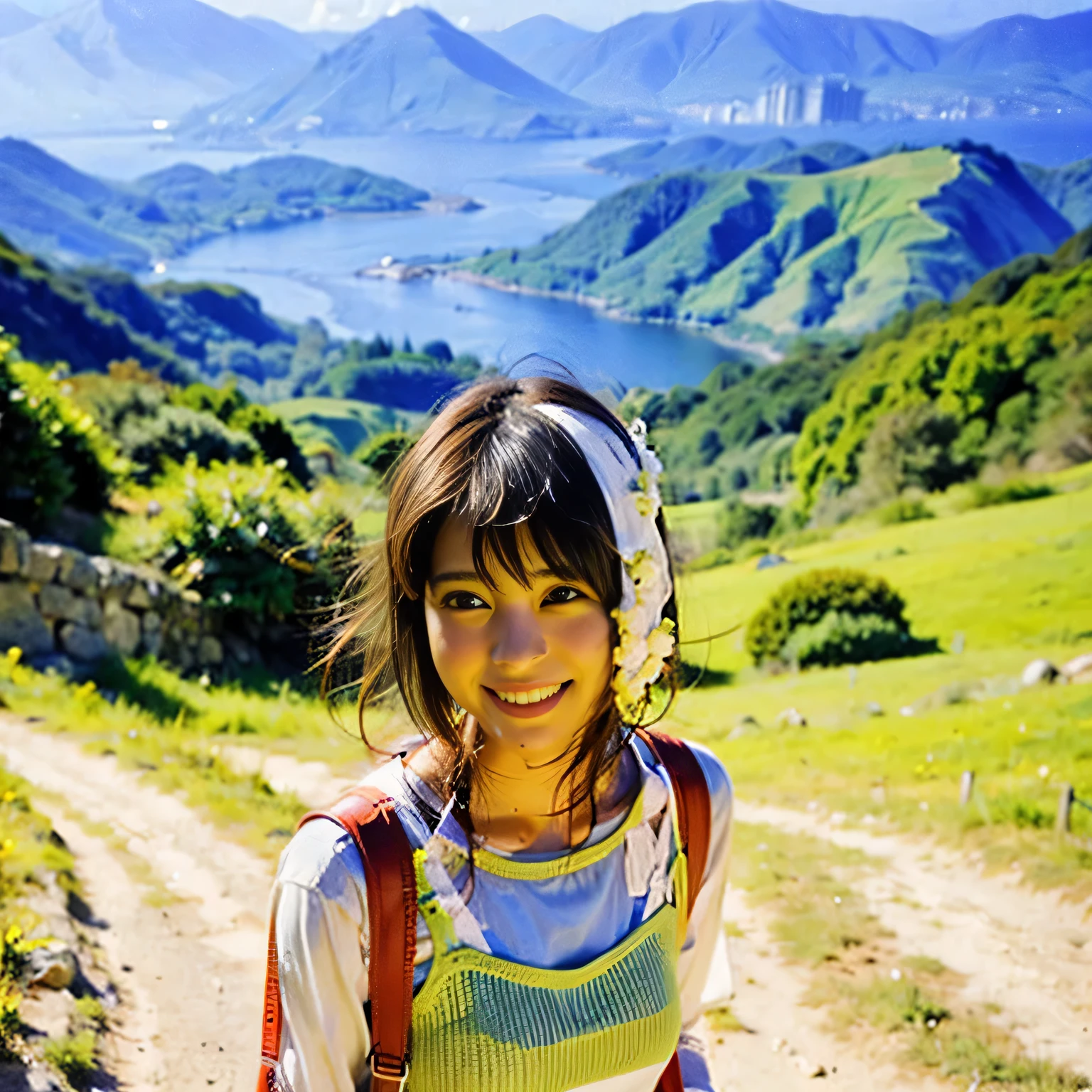 Identical twin sisters、(highest quality, Ultra-realistic photos), Majestic Mountain, sea of clouds, Japanese woman watching the sunset, Selfie, ((Upper Body)), White T-shirt, Trekking shorts, Trekking boots, rucksack, (Very delicate face, Super Beautiful Maid, Very delicate eyes, Very elaborate nose, Very sophisticated mouth, Highly detailed and beautiful facial features, 18-year-old, smile happily
