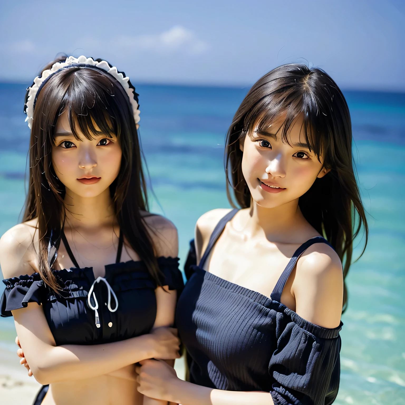 (8k、Raw photo、highest quality、masterpiece:1.2),(((Two Girls,duo,caress,At the Beach))),、Super detailed、Super Resolution、(Ultra-realistic:1.4)、（Blowing a kiss as a camera）From the above、Camera shot from above、Shooting from a top camera angle、I look at this with my eyes、Arms stretched out、spread both arms wide、Use high-quality images taken from the sky with a camera、(Girl on the Beach 1 5 digits:1.3)、、Offshore Girls（Dreamy lighting）Head to waist、、White skin、color proofreading for white woman、Ultra HD、、Beautiful woman proofreading against the light、Amazing details、Highly detailed beautiful girls、(Various patterns of faces 1:1.2)、(Various facial expressions of emotion 1:1.3)、Each hairstyle has its own characteristics、color々Hairstyle、color々The hair color shines with a beautiful luster.、I love fishing on a boat.、Shiny brown hair、One of them has a ponytail、、Modern and cute girl、Highly detailed face、Highly detailed eyes、Extremely realistic skin、 Highly detailed fingers, Highly detailed nose, Highly detailed mouth, Perfect Anatomy, (Off-the-shoulder ****ta outfit 1:1.2)、、Sparkling hair details、Smile with hot teeth、Realistic body, White skin, Glowing Skin, The body is slim, Straight long hair, (Blunt bangs:1.2), , nixeu and sakimichan, 2 times, seifuku, sakimichan, Promotional Steel, Larisa Manovar, Alena Aenami and Lilia Alvarado